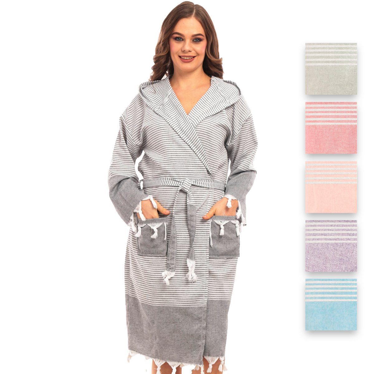 herémood Bademantel herémood Bademantel Damen & Herren Unisex – Weich & Leicht, Langform, 100% Baumwolle, mit Kapuze, & Gürtel, Hamamtuch-Stil mit Taschen – Ideal für Sauna, Spa, Hotel & Zuhause