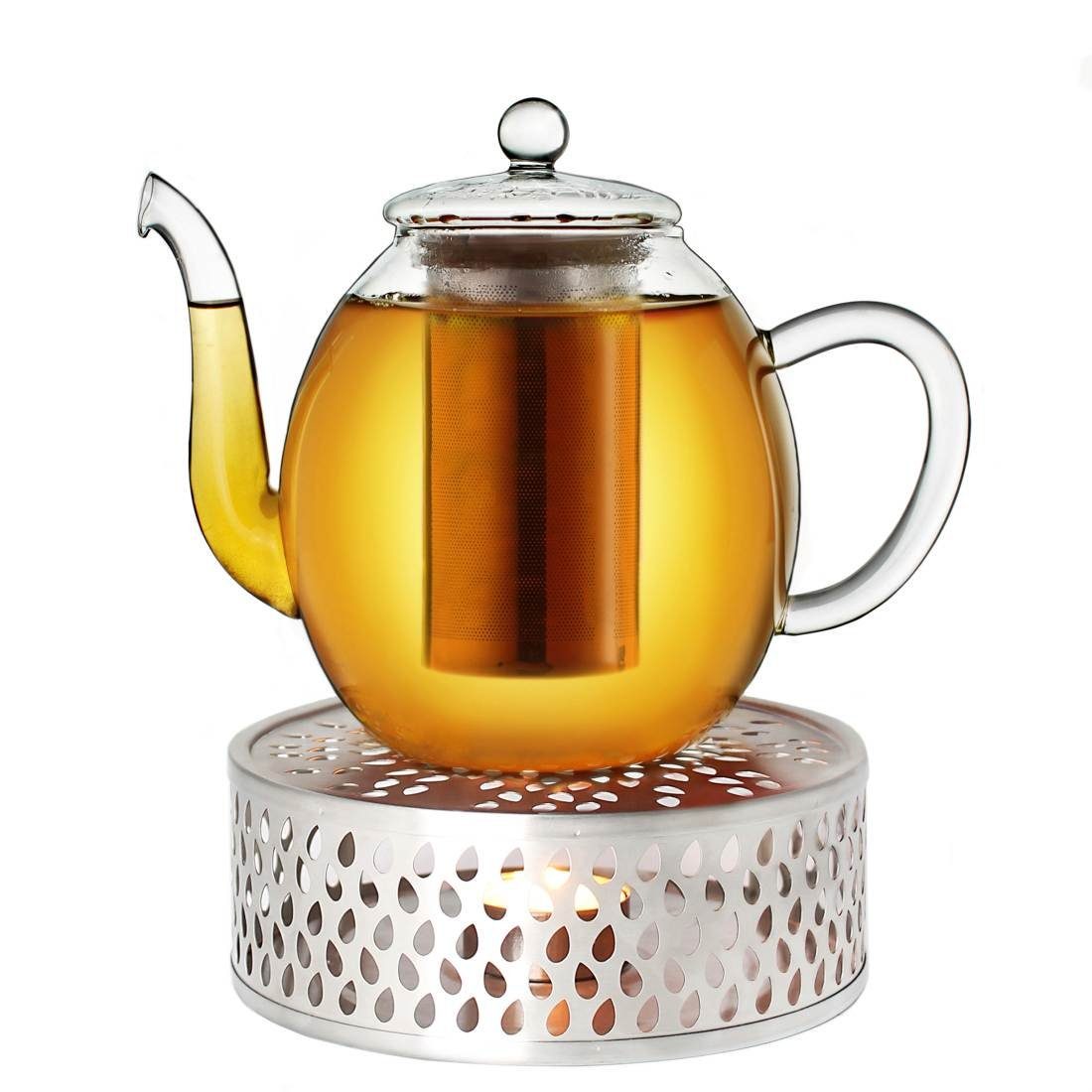 Creano Teekanne Creano Teekanne aus Glas 1,0l + ein Stövchen aus Edelstahl, 3-teilige, 1 l, (Set) | Teekannen