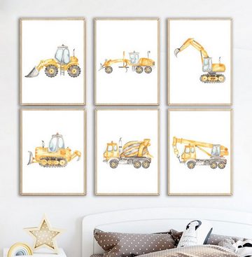 TPFLiving Kunstdruck (OHNE RAHMEN) Poster - Leinwand - Wandbild, Bagger, Zementwagen, Dampfwalze, Lastwagen, Gabelstapler, Kran - (Kinderzimmer, Mädchenzimmer, Babyzimmer, Jungenzimmer, Kindergarten), Farben: Pastel, grau, gelb, weiß - Größe: 10x15cm