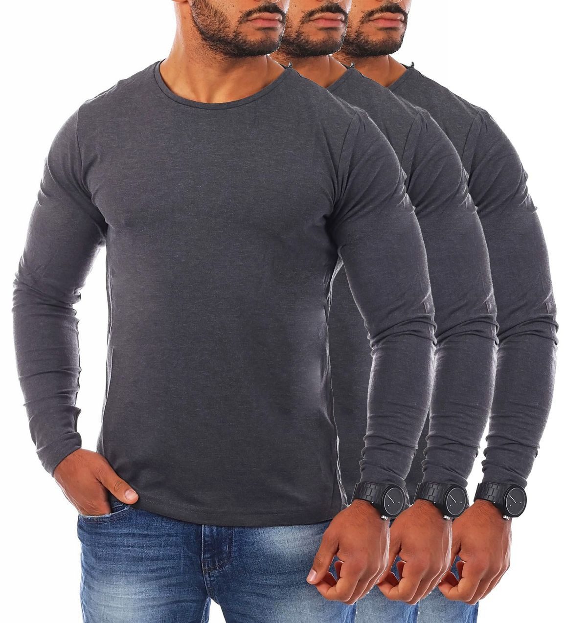 Langarmshirt Herren Uni Basic Longsleeve Rundhals round-Neck Unterziehshirt 2002