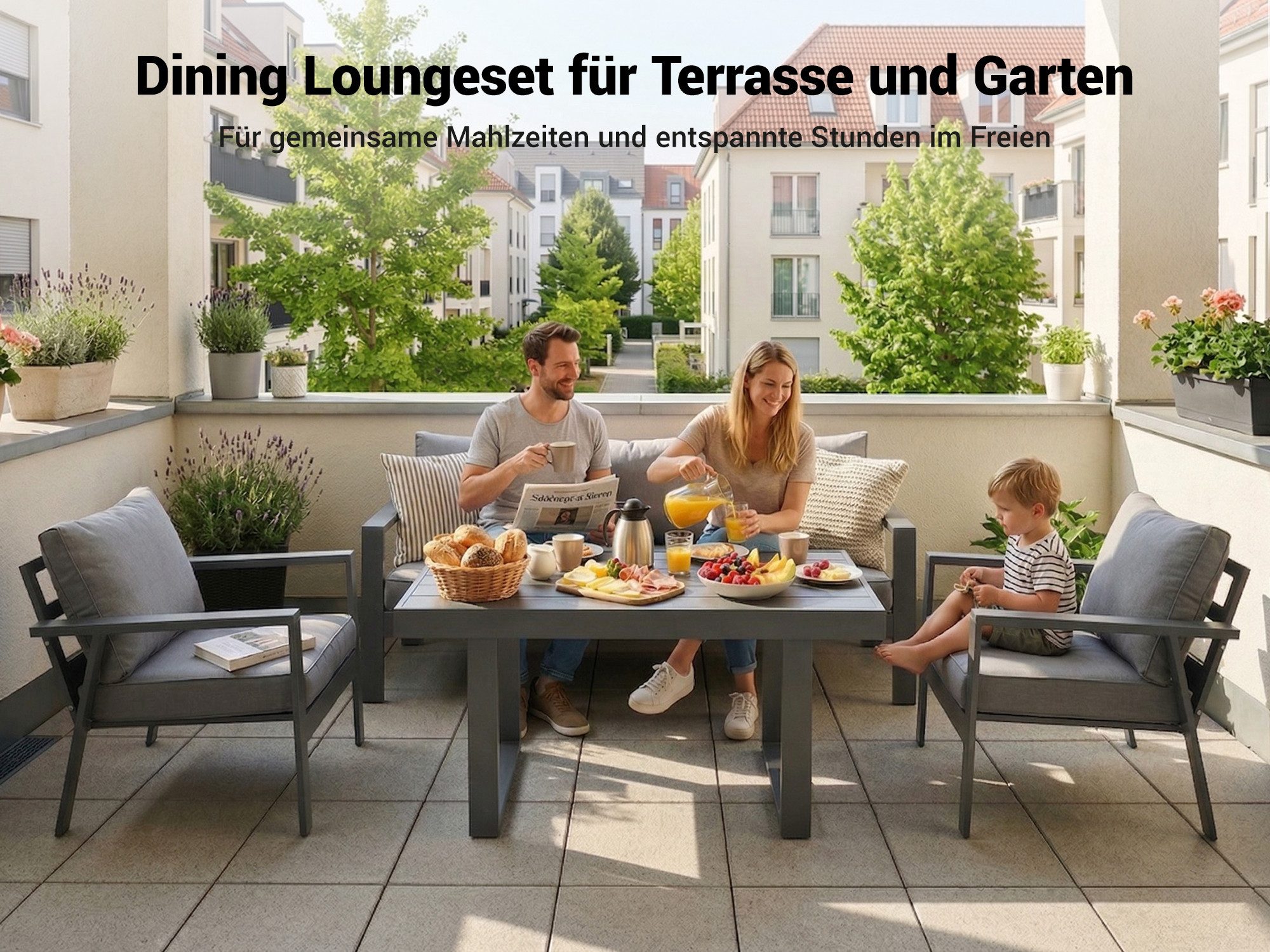 MeXo Gartenlounge-Set Aluminium 5-6 Personen, (Wetterfestes Gartenmöbel Set, mit Dicken Kissen & Großem Esstisch, 4-tlg., Belastbarkeit pro Sitzplatz 140kg), Gemütliche Sitzgruppe für Terrasse, Balkon & Garten