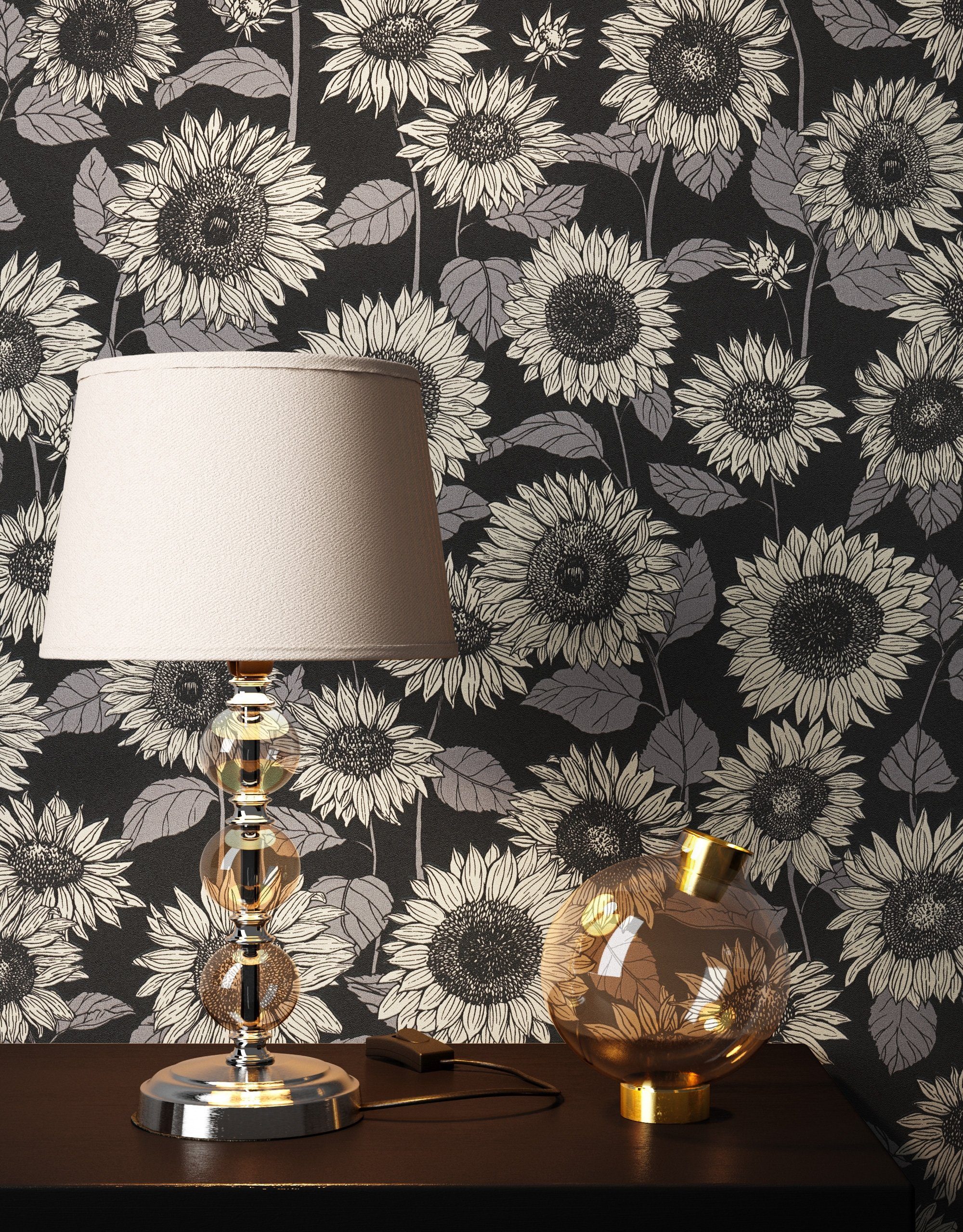 Newroom Vliestapete, Schwarz Tapete Floral Blumen günstig online kaufen