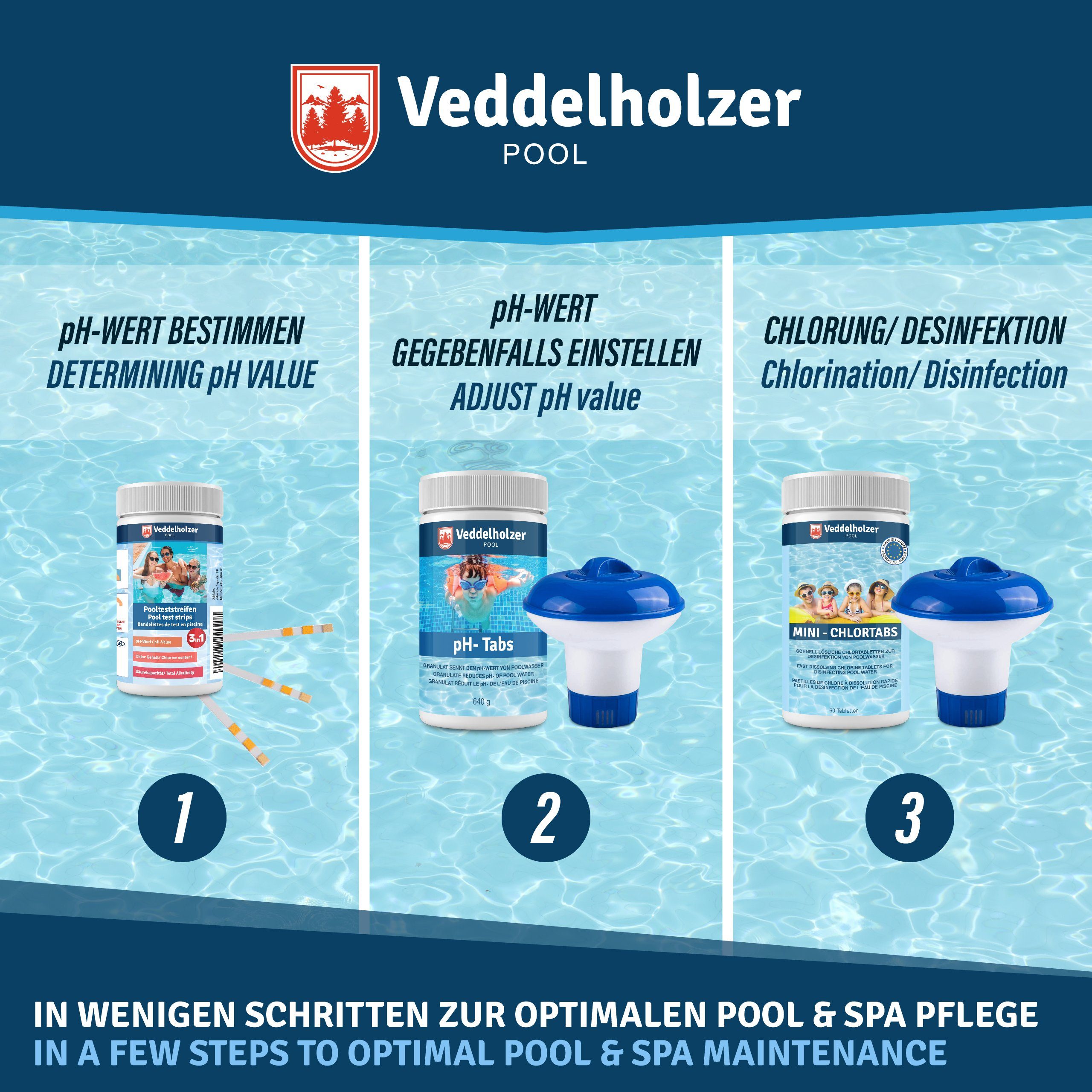 Veddelholzer Poolpflege Mini 4 in 1 Reinigungsset Pool & Spa Poolreiniger, (4 in 1 Poolreiniger, Chlor Mini Tabs, 1 Dosierschwimmer, Pooltester, pH Senker), Anw – Bild 5 von 5