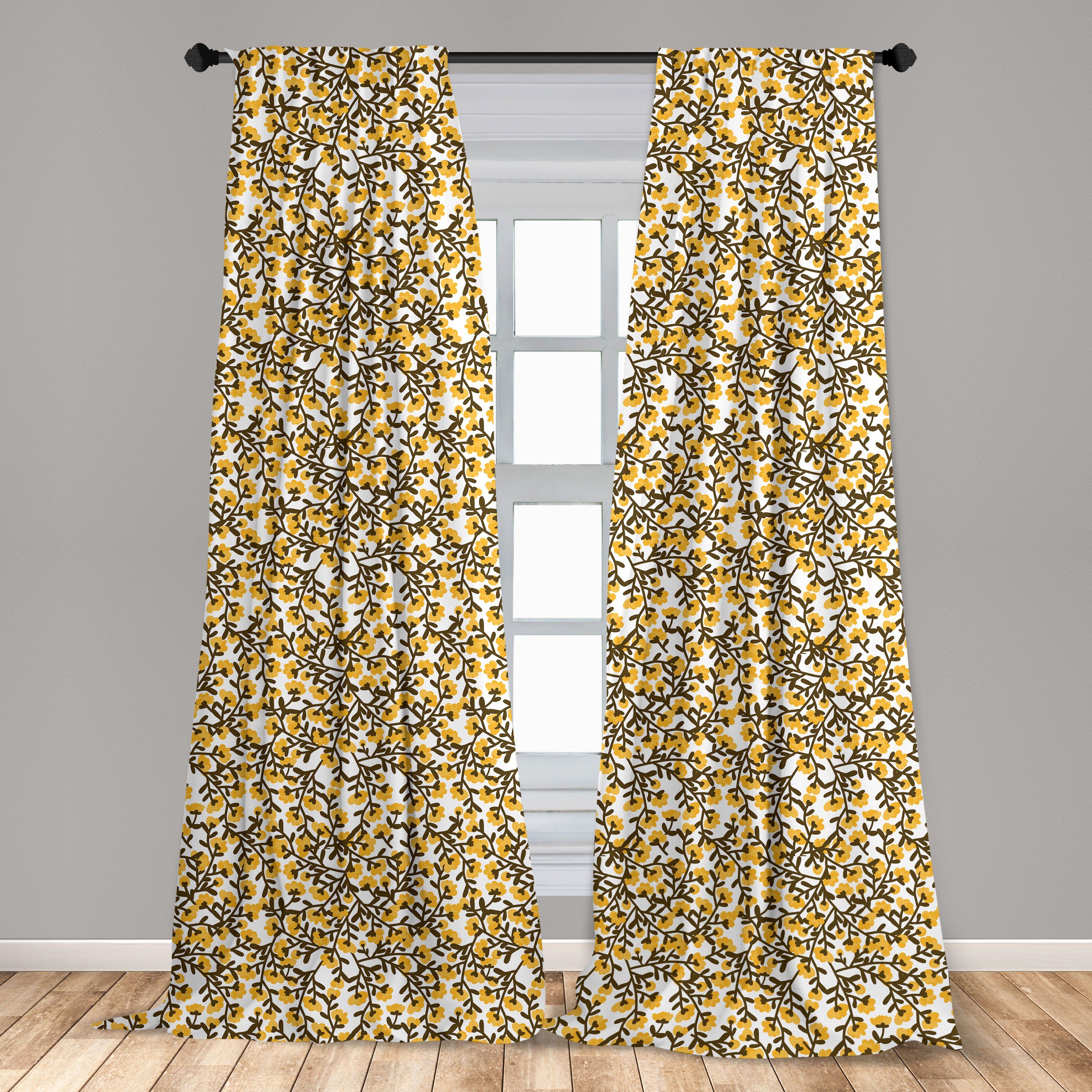 Gardine Vorhang für Retro Blumen Look Wohnzimmer Dekor, Microfaser, Blumen Gelbe Schlafzimmer Abakuhaus