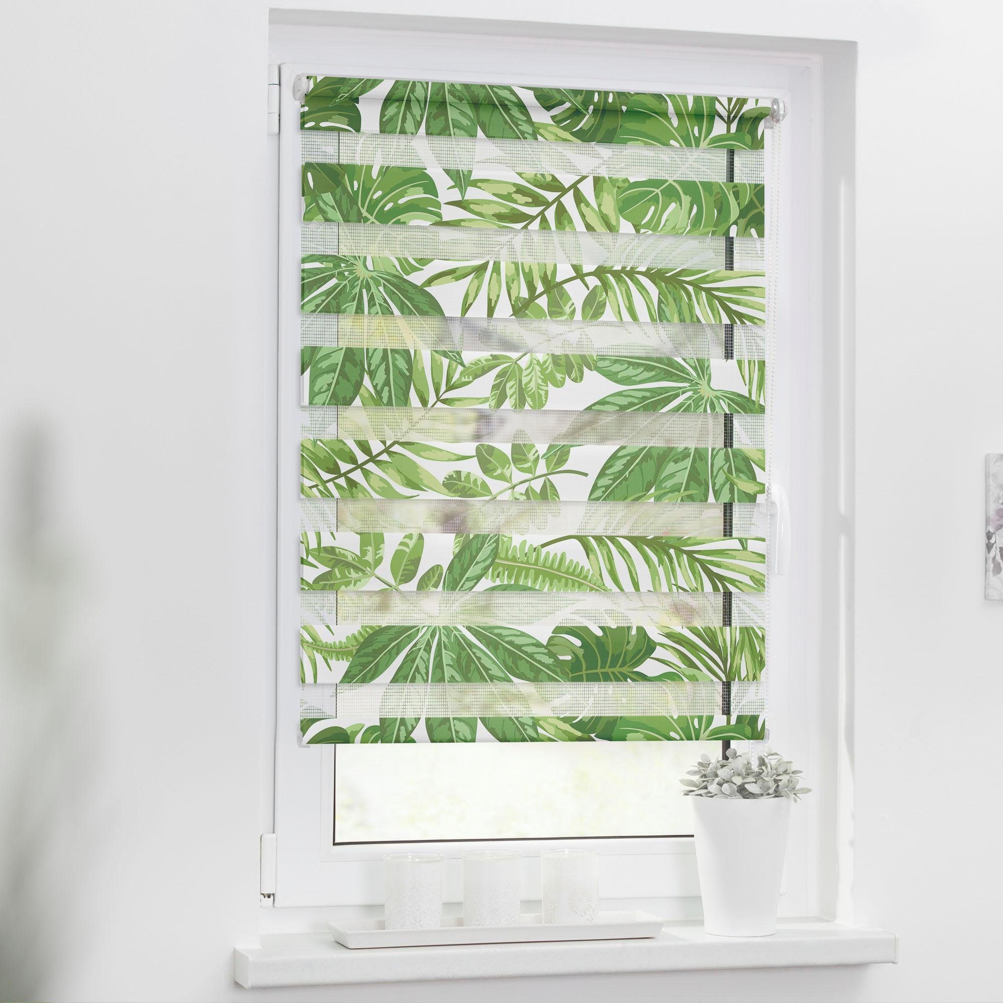 Doppelrollo Duo Rollo Motiv Blätter, LICHTBLICK ORIGINAL, Lichtschutz, ohne Bohren, freihängend, Klemmfix, bedruckt