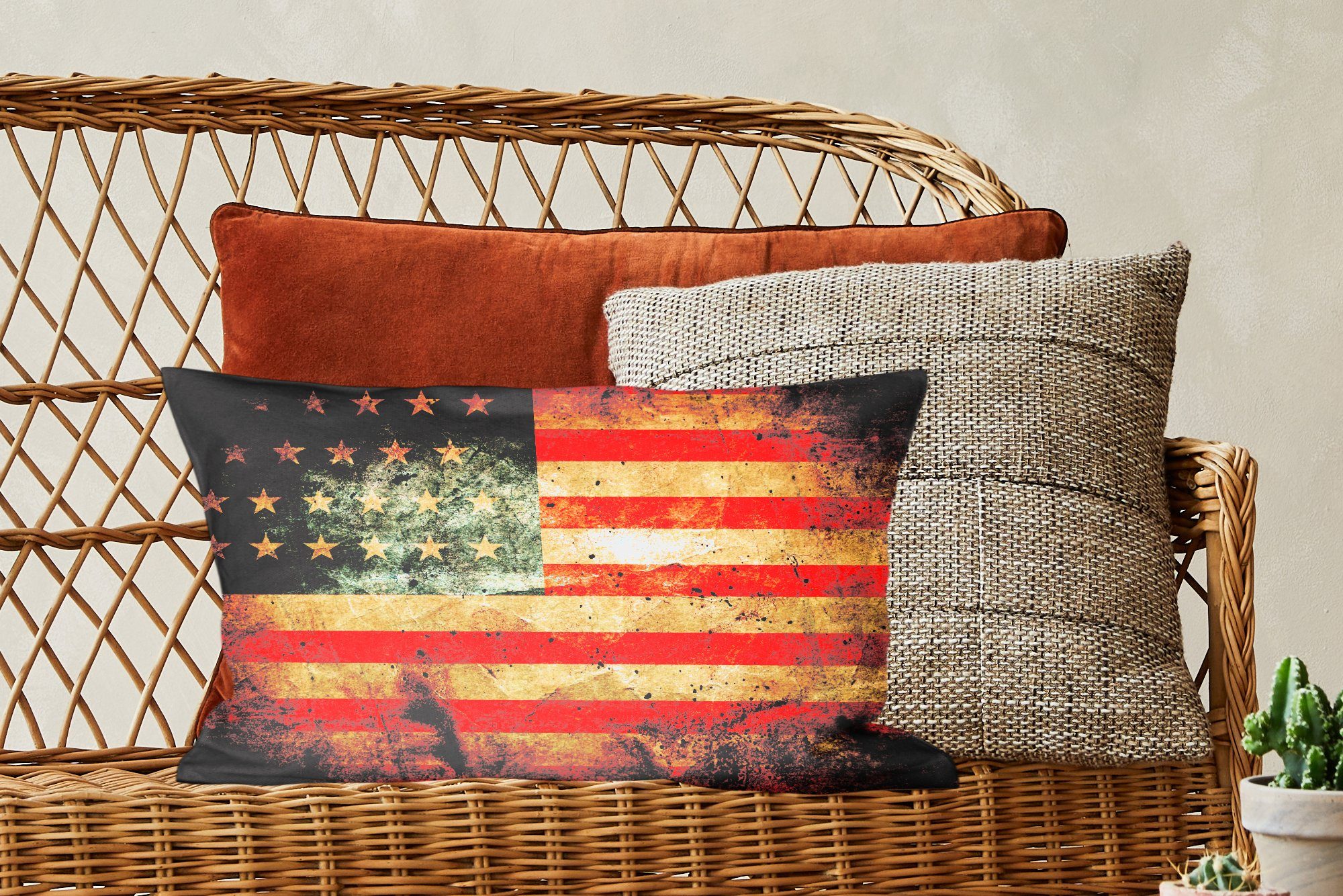 Vintage Flagge USA, - mit Füllung, MuchoWow Zierkissen, - Wohzimmer Dekoration, Dekokissen Schlafzimmer Dekokissen