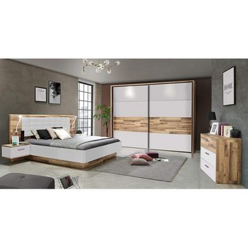 Forte Möbel Bettgestell MODERN WAY Stabeiche Nb. / Weiß Doppelbett Ehebett Schlafzimmer inkl. Nachtkommoden 180 x 200 cm