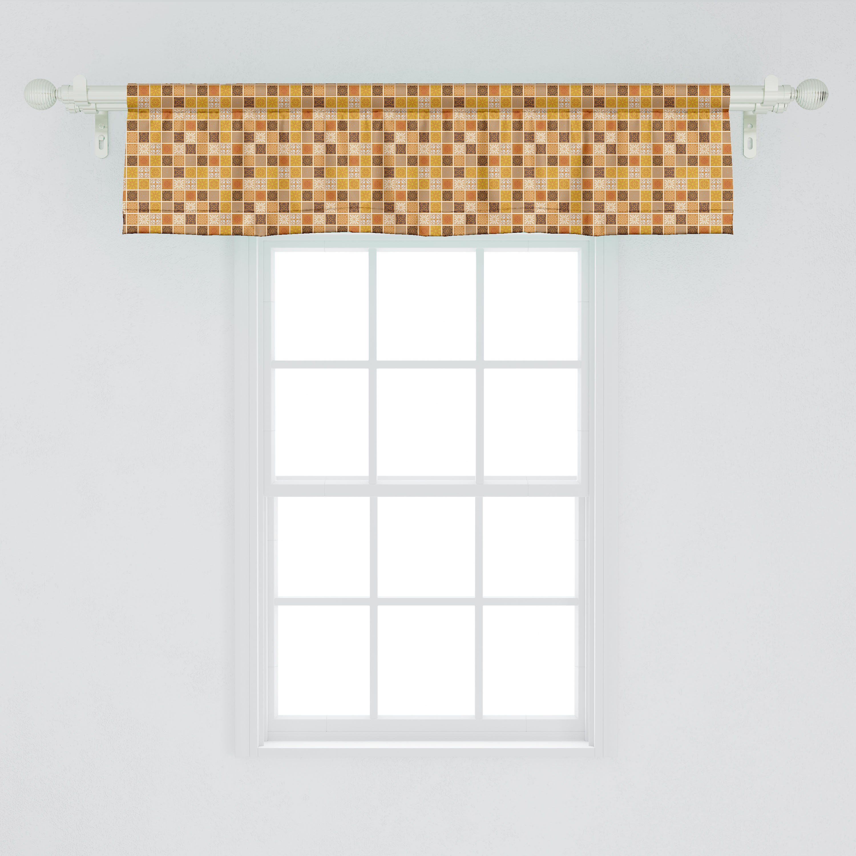 Vorhang Squares Microfaser, Stangentasche, Volant Braun mit Scheibengardine für traditionelle Dekor Gelb Schlafzimmer Küche Abakuhaus,