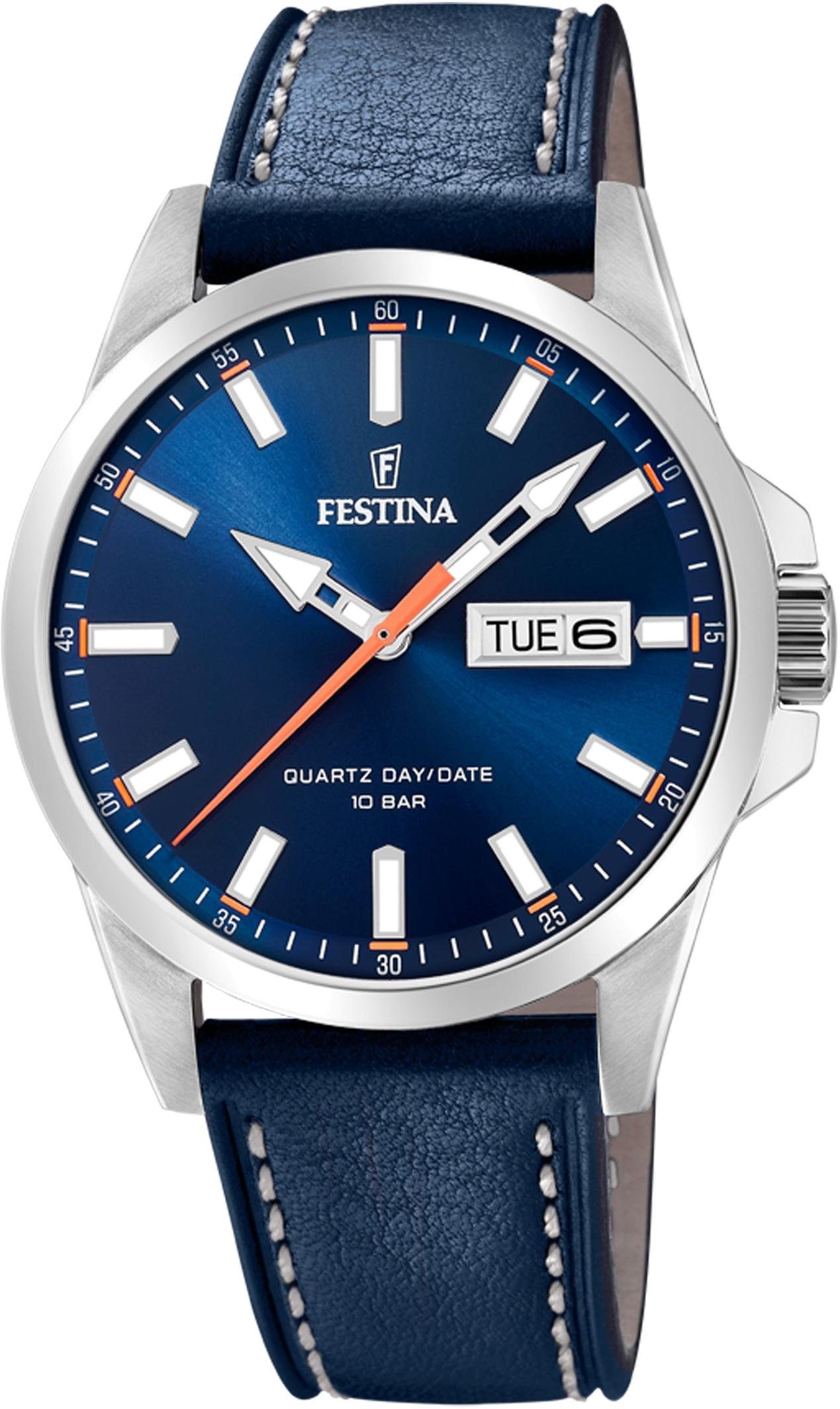 Festina Quarzuhr F20358/3, Armbanduhr, Herrenuhr, Damenuhr, Lederarmband, Datum