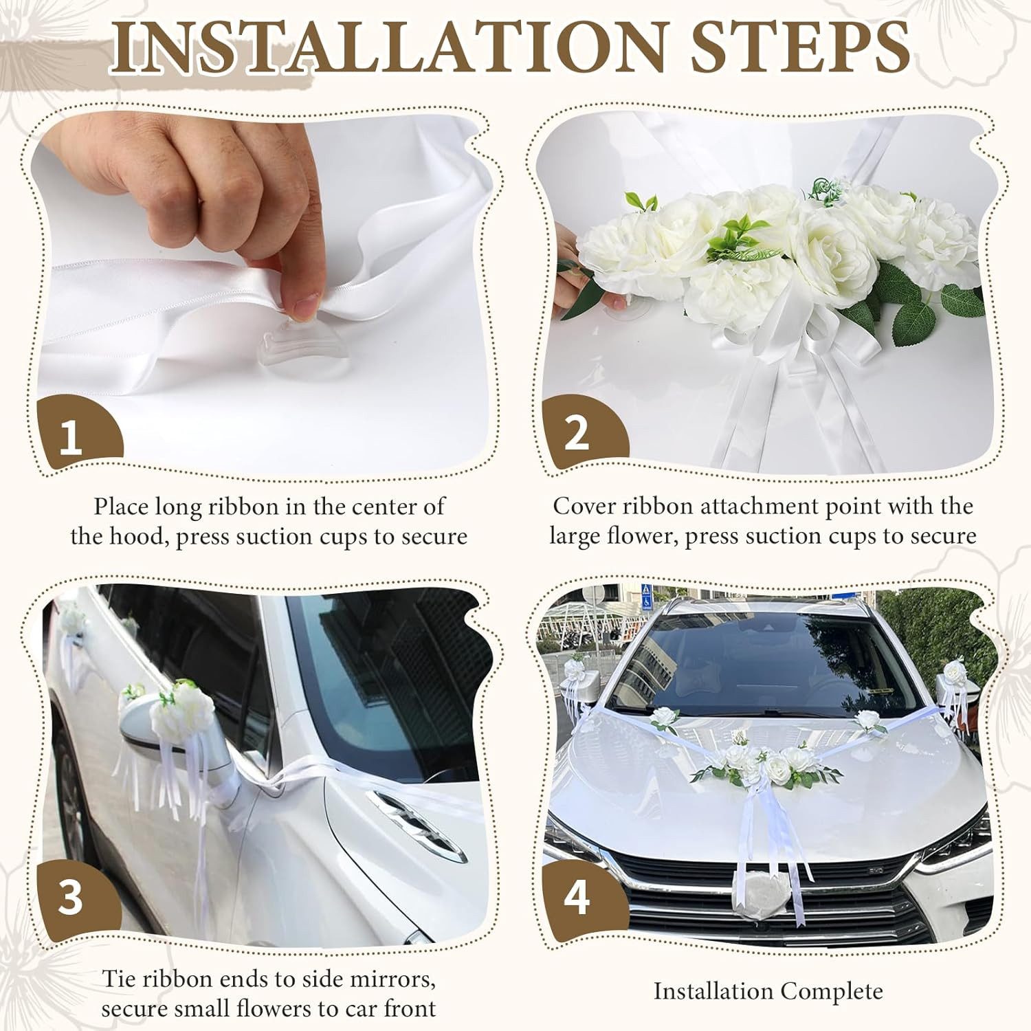 FELIXLEO Dekohänger Autoschmuck Hochzeit Motorhaube Weiß 9 Rosen Saugnäpfen Bänder Set (9 St) – Bild 4 von 5