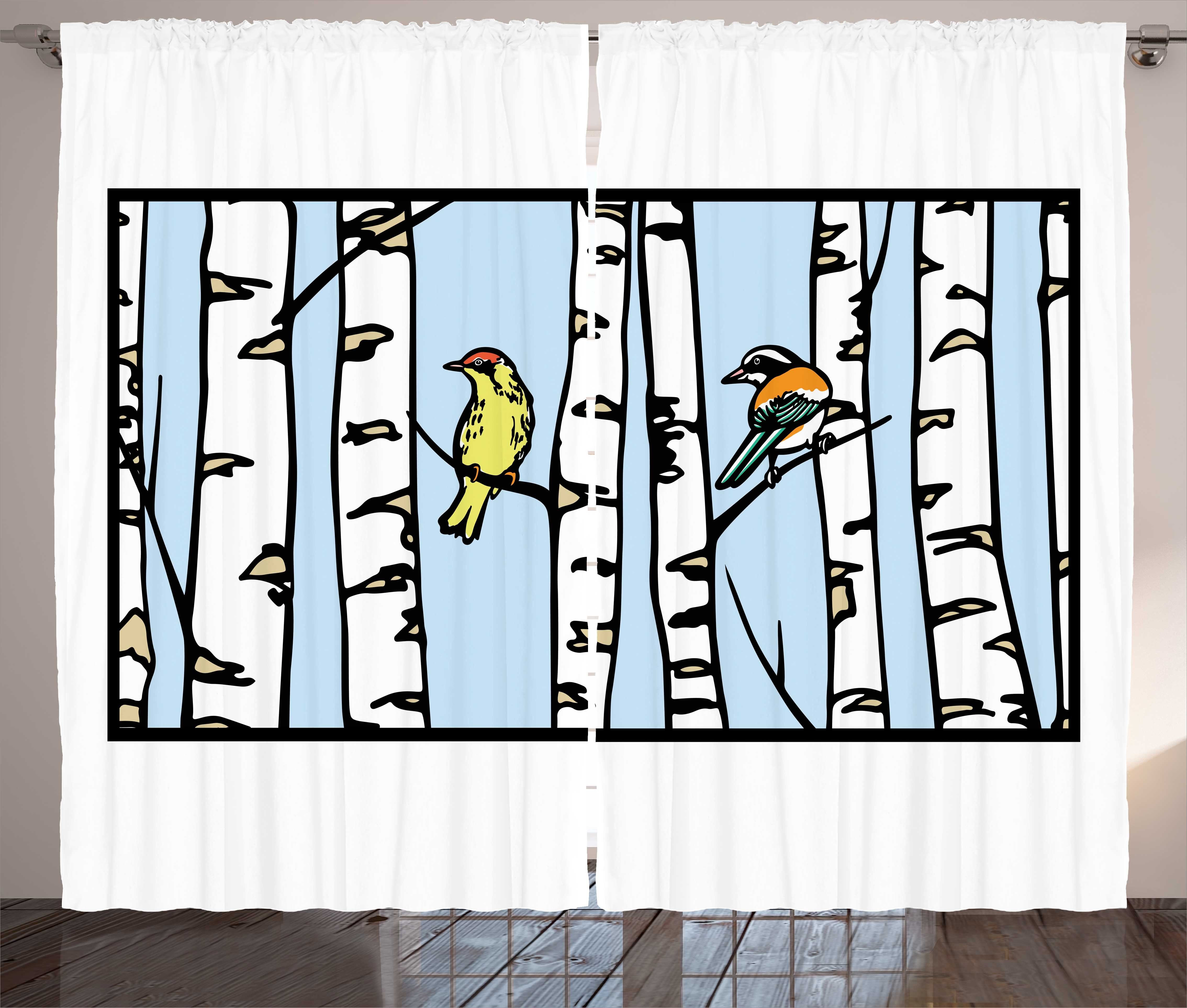 Gardine Schlafzimmer Kräuselband Vorhang mit Schlaufen und Haken, Abakuhaus, Vögel Birke Zeichnung Bark