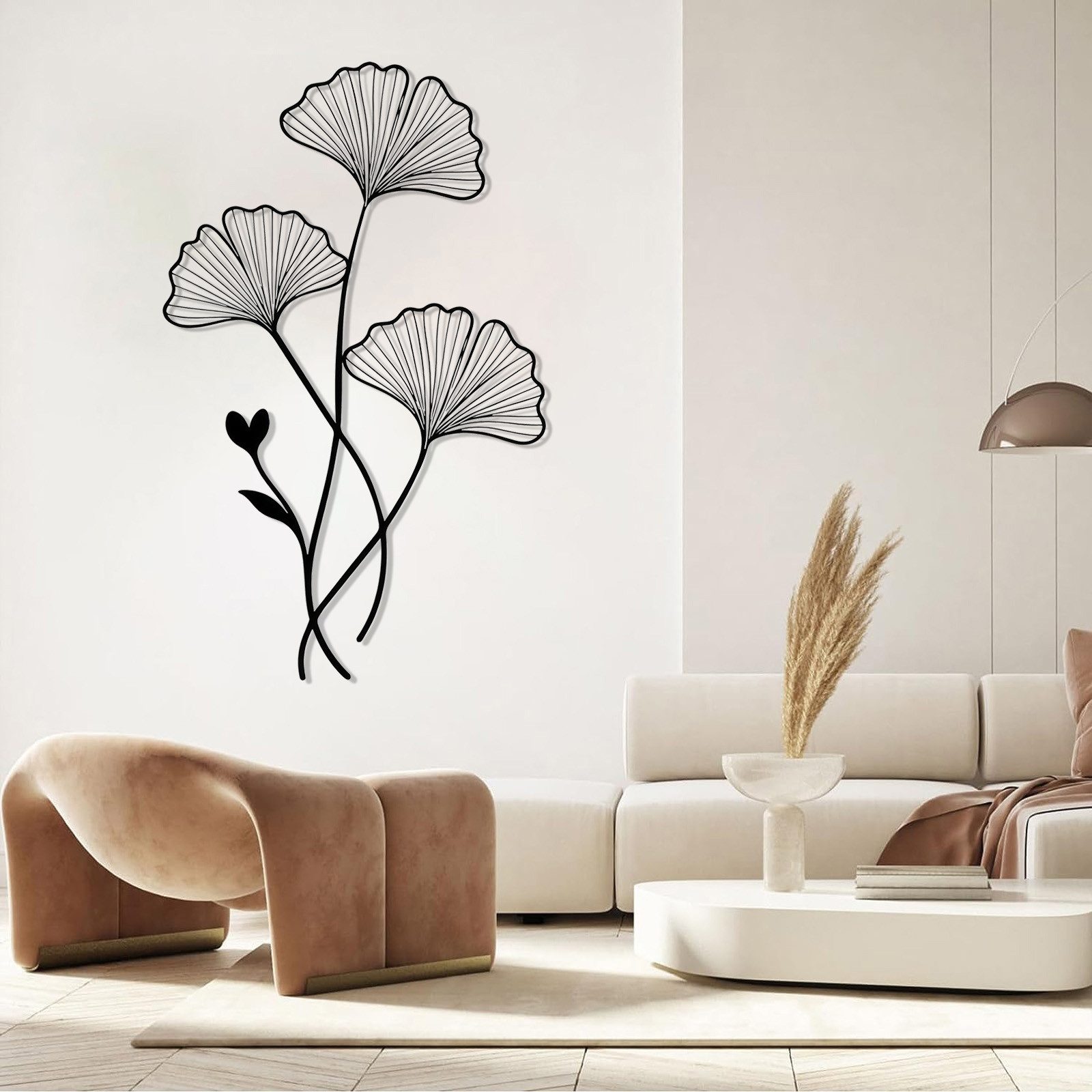 Jumpeak Wanddekoobjekt Wanddeko mit Ginkgoblättern, Herzförmige Knospen, Feine Stiele, Natur, Metall,4 Farben, 4 Größen, Blattdekoration, Pflanzen, Schlicht, Frisch