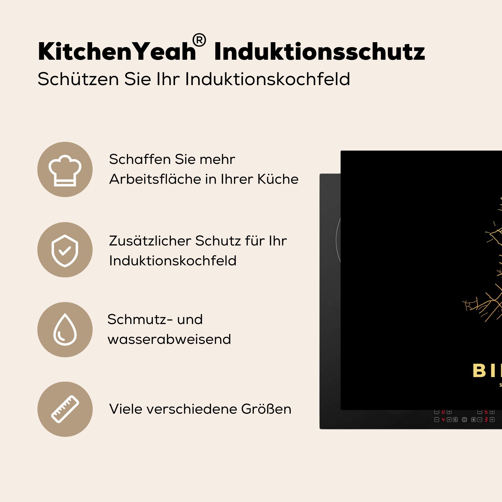 MuchoWow Herdblende-/Abdeckplatte cm, küche, Stadtplan, für Schutz Vinyl, - - 81x52 tlg), (1 - die Gold Ceranfeldabdeckung Karte Induktionskochfeld Bielefeld