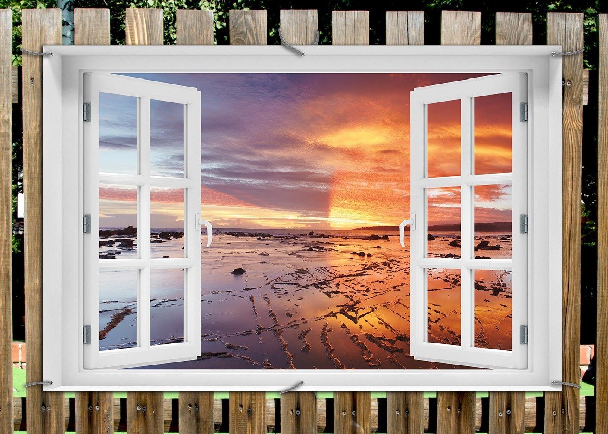 Thumbnail - Wallario Sichtschutzzaunmatten Wattwanderung am Meer bei Sonnenuntergang, mit Fenster-Illusion