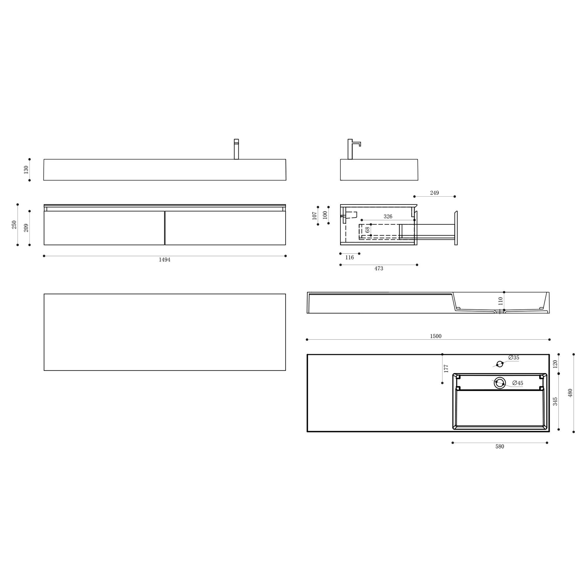 doporro Badmöbel-Set Waschtisch mit Unterschrank 150cm Mineraglguss Waschbecken UP