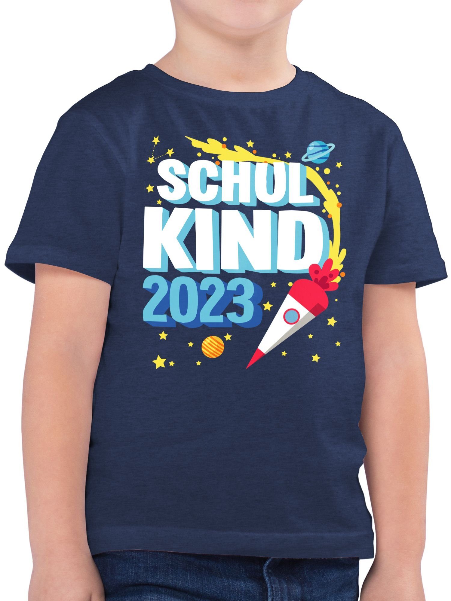 Shirtracer T-Shirt Schulkind 2023 - Rakete Einschulung Junge Schulanfang Geschenke 2 Dunkelblau Meliert