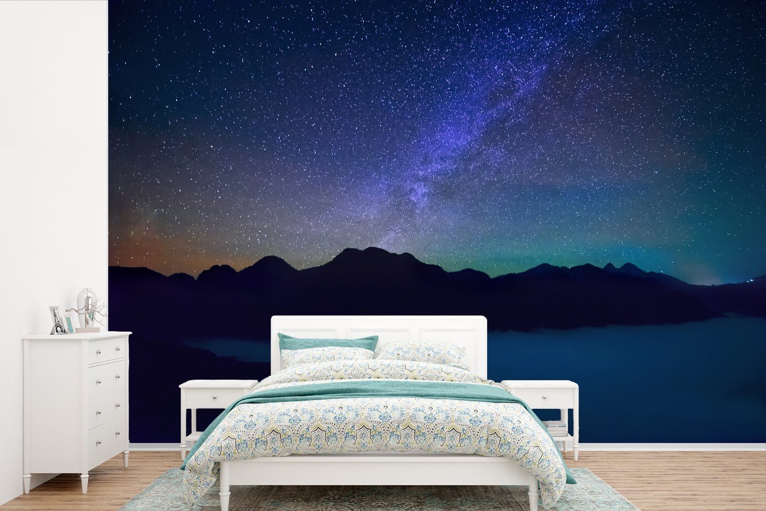 MuchoWow Fototapete Ein schöner Sternenhimmel über der Silhouette eines nächtlichen Berges, Matt, bedruckt, (6 St), Wallpaper für Wohnzimmer, Schlafzimmer, Kinderzimmer, Vinyl Tapete