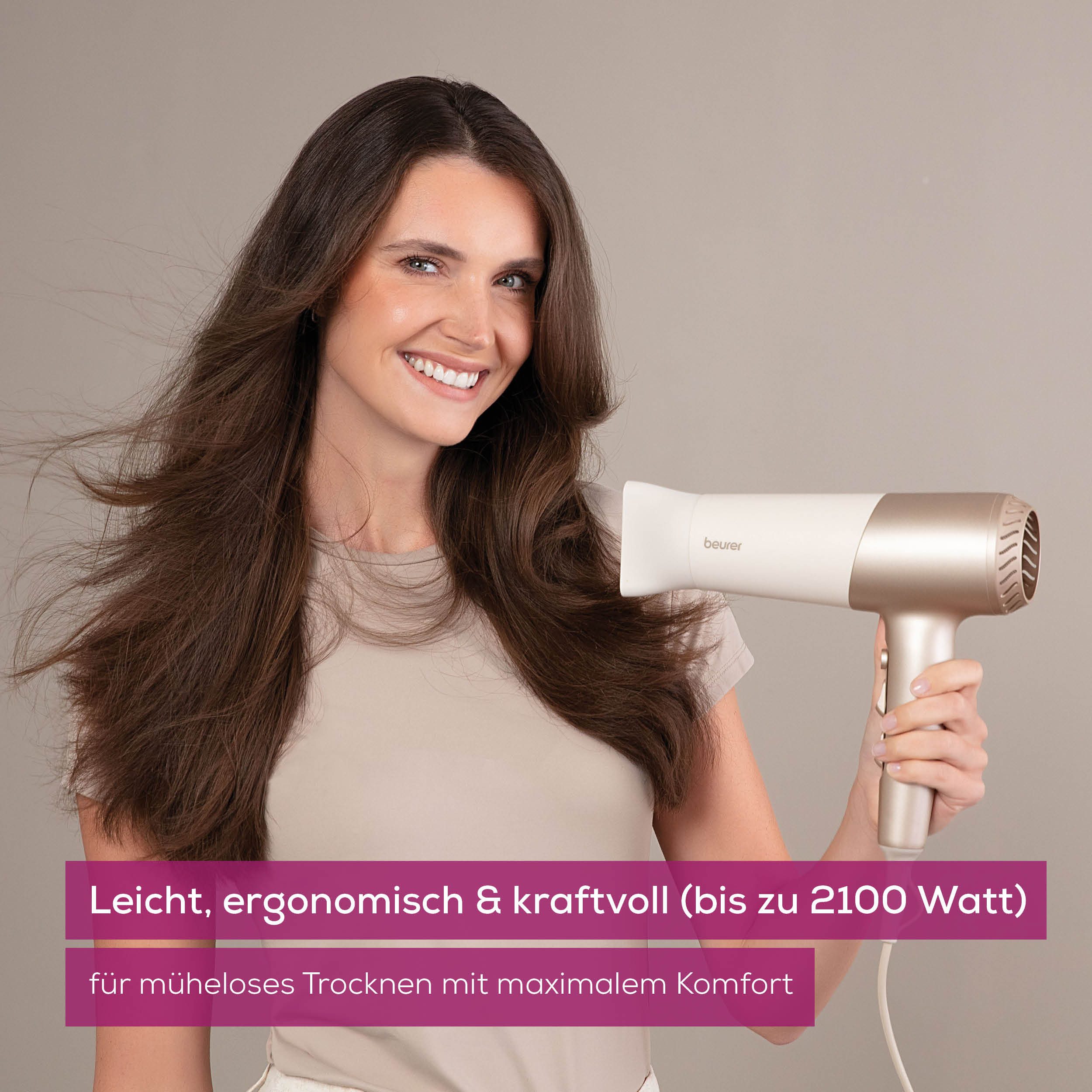 BEURER Ionic-Haartrockner HC 70, Haartrockner mit Ionenfunktion, mit Leistungsstarkem DC-Motor, 2100 W, Mit Ionenfunktion, DC-Motor und Kaltluftstufe