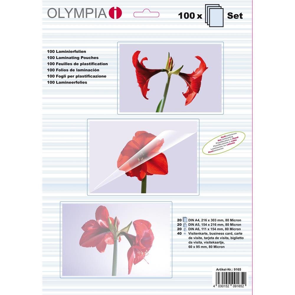 OLYMPIA OFFICE Prospekthülle Olympia Laminierfolien Set 9165, Starter Set, 100 Stück (20 x A4, 20 x A5 20 x A6, 40 x Visitenkarten), Hohe Qualität, Ideal für Fotos und alle anderen Arten von Dokumenten, Farblos und hochtransparent, Reißfest, Knickschutz