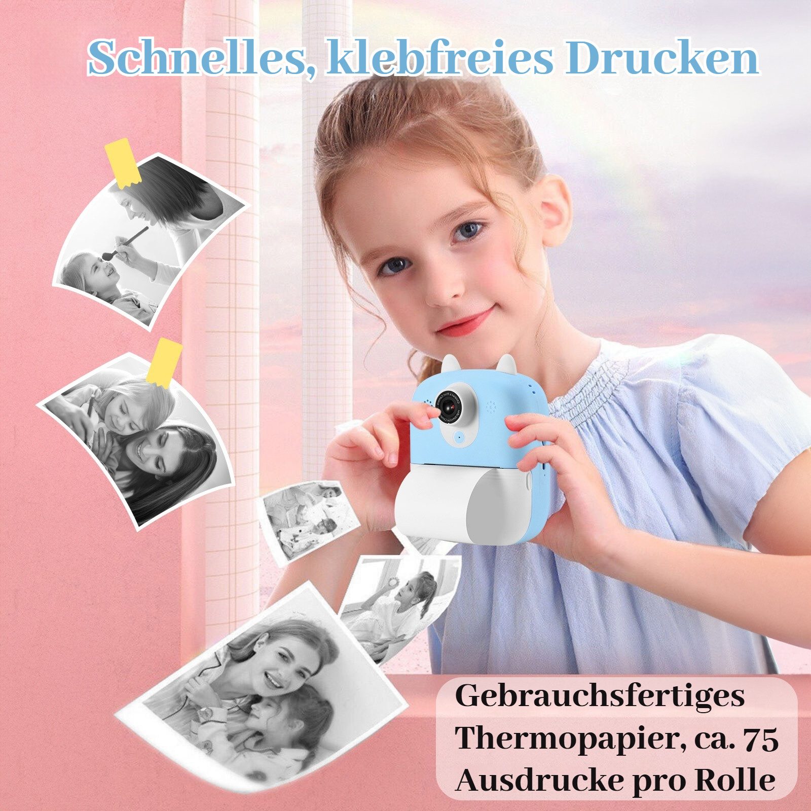 BlingBin 2,4 Zoll 1080P Kinder Kamera Sofortdruck Schwarzweiß Videokamera Sofortbildkamera (12 MP, 8x opt. Zoom, Live-Ansicht)