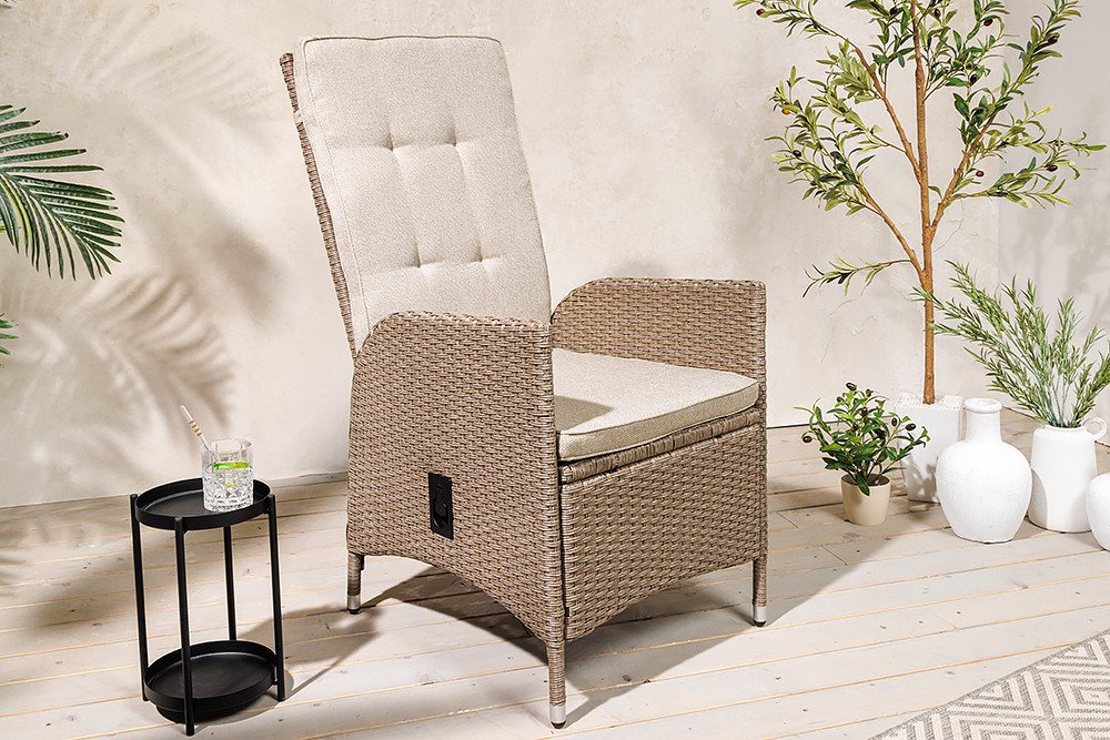 riess-ambiente Gartenstuhl SYLT natur/beige - Outdoor-Stoff, Rattan, mit Armlehne, wetterfest (Einzelartikel, 1 St), mit verstellbarer Rückenlehne - ideal für Terrasse, Balkon oder Garten