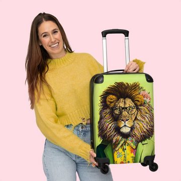 NoBoringSuitcases.com© Handgepäckkoffer Löwe - Mensch - Tier - Brille - Blumen 55x35x20cm, 4 Rollen, Koffer mit 4 rollen, Erwachsenen trolley, Reisekoffer