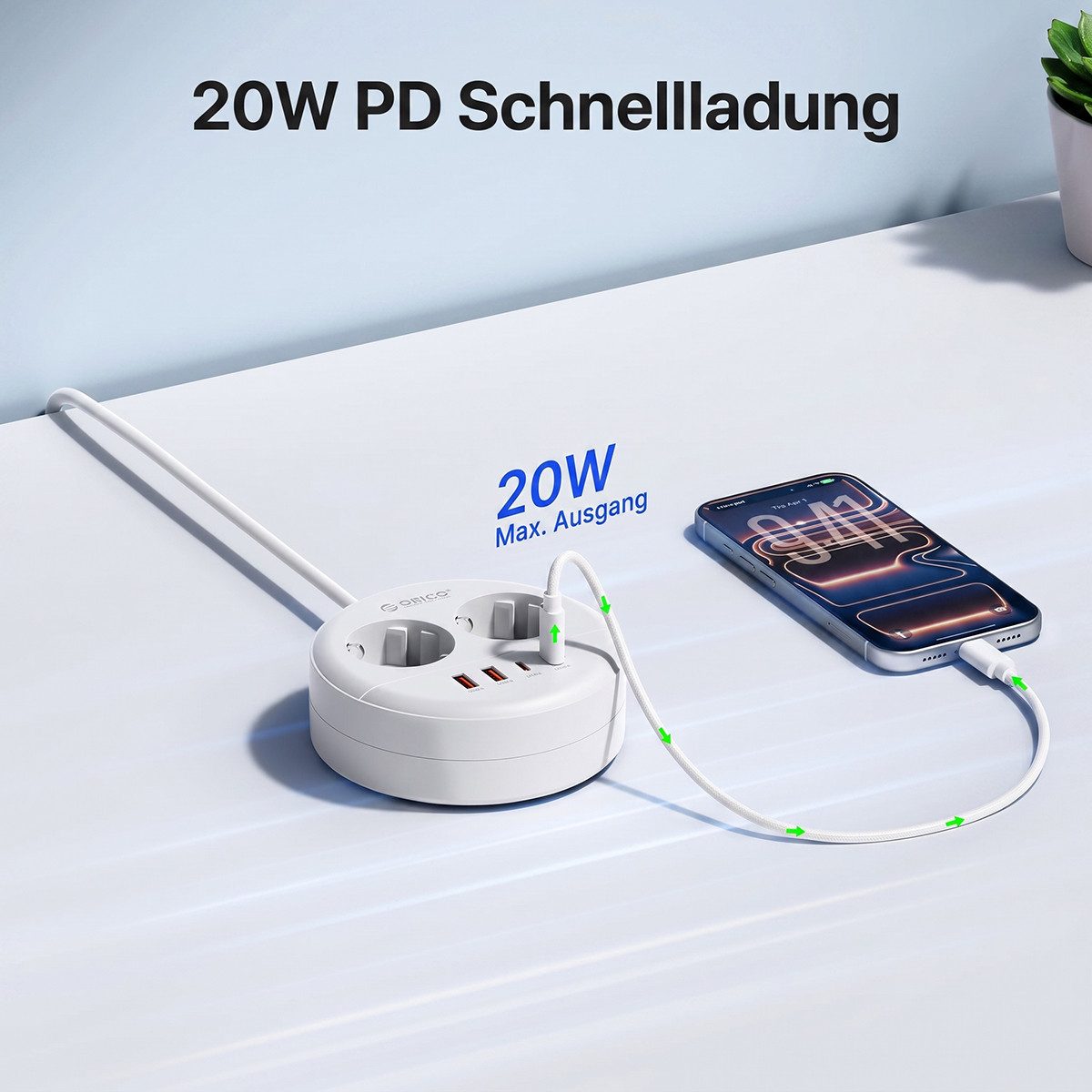 ORICO Steckdose Runde Steckdosenleiste mit USB-C PD 20W, 2 Steckdosen & 4 USB (2× USB-C), 1-St., 1,5 m Kabel, Wandmontage & Sicherheitsverschluss, 2500W für Büro & Zuhause
