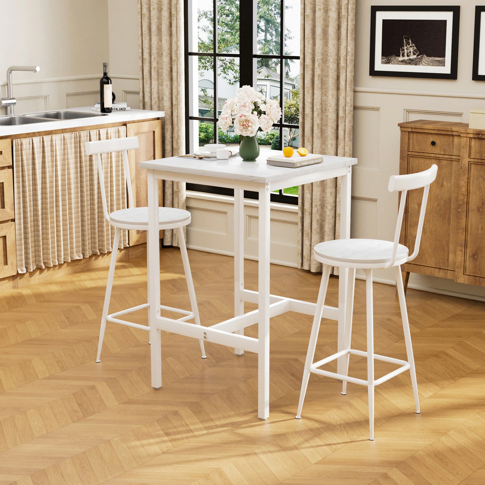 HAUSS SPOLE Essgruppe 3-tlg Bar-Tisch und Hocker-Set mit zwei Stühlen mit Fußpolstern,weiß, (Bar-Tisch-Set mit Bar-Tisch und zwei Hockern, aus hochwertige Spanplattenoberfläche), für Esszimmer, Wohnzimmer oder Küche