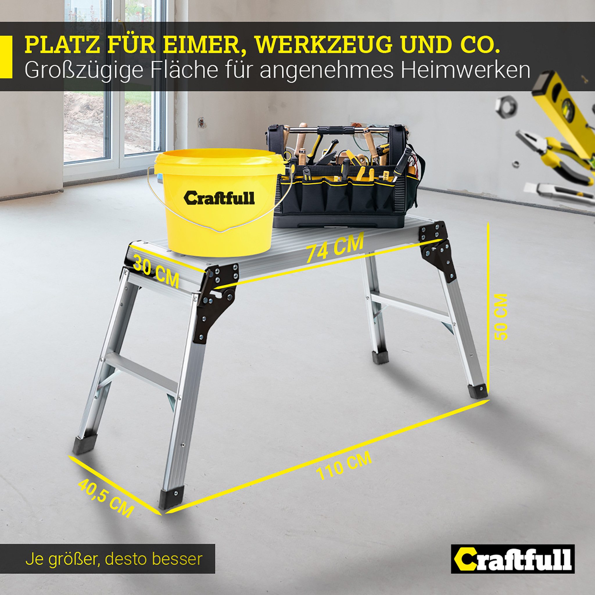 Craftfull Arbeitsplattform Aluminium 3 Jahre Garantie Arbeitspodest klappbar (Haushaltsleiter, Stehleiter, Leiter aus Alu, Leiter, Trittleiter, Klappleiter, Multifunktionsleiter, Sicherheitsleiter, Arbeitsplattform, Gerüst, Anti-Rutsch, Sicherheitsbügel, klappbare Standfüße), Arbeitshilfe Arbeitsbühne für Haus Garten Werkstatt Werkzeug