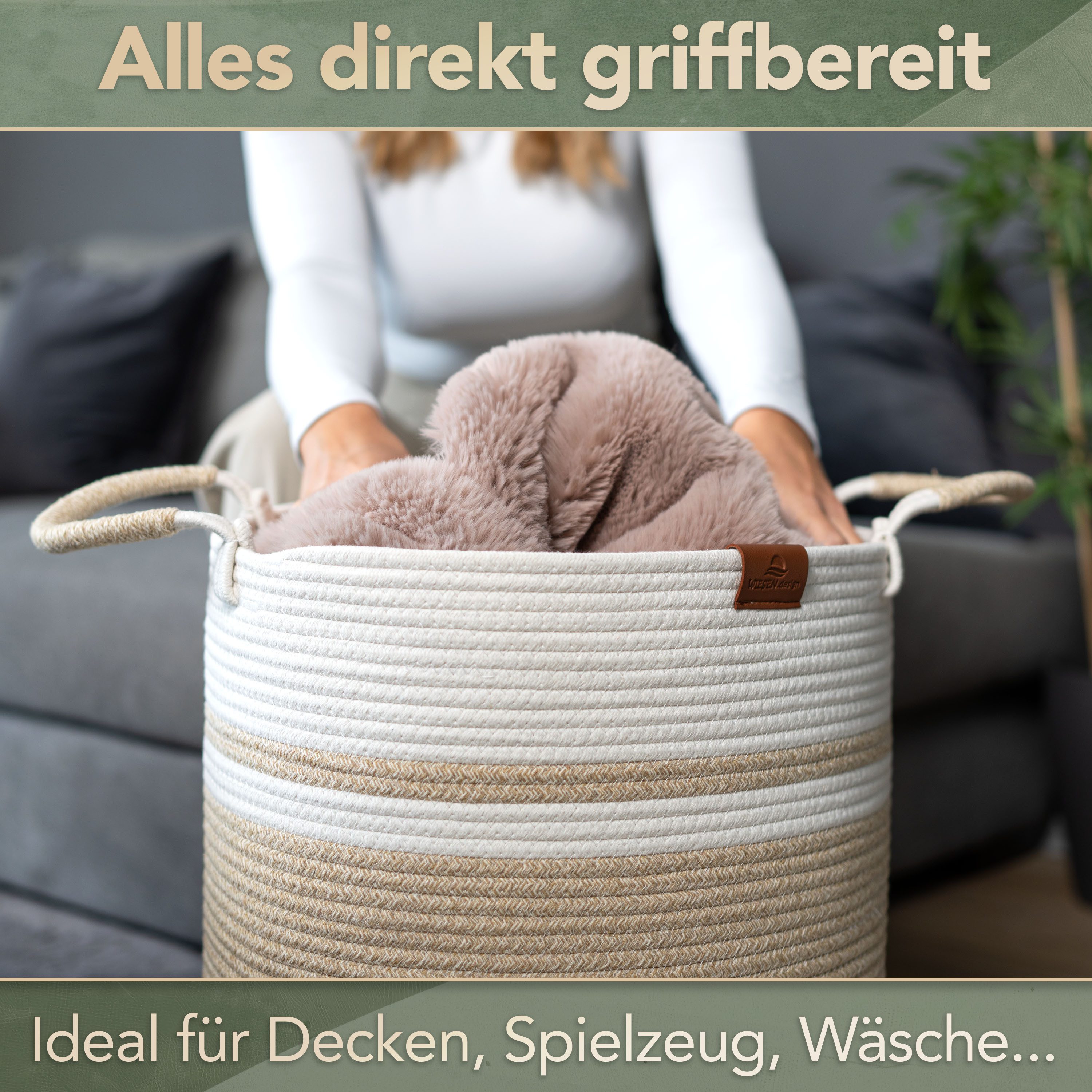WIESEN.design Wäschekorb EMILIA Ø41xH46 cm 61L, Wäschekorb geflochten aus Baumwolle (faltbarer Wäschekorb, Wäschetonne, laundry basket, Wäschesammler, Aufbewahr – Bild 3 von 5
