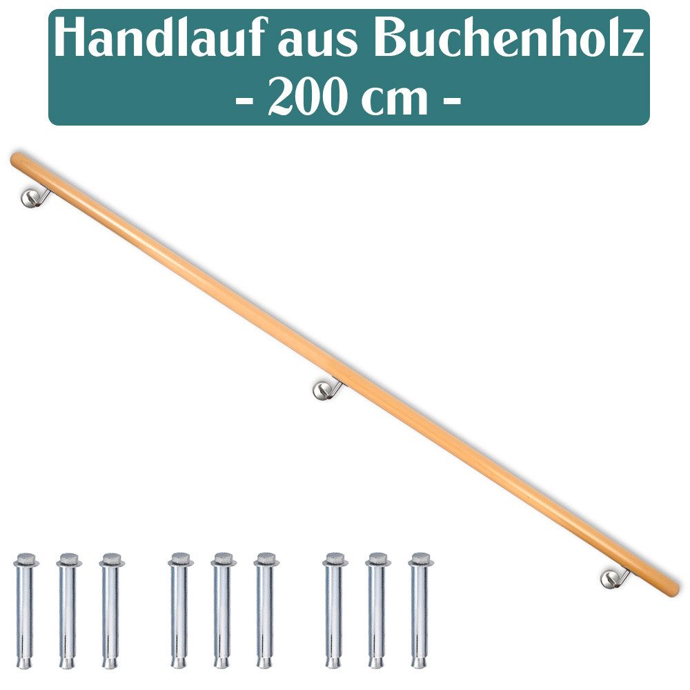 V2Aox Handlauf Buche Holz Handlauf Treppengeländer Wandhandlauf Treppe 50 - 500 cm, 200 cm Gesamtlänge