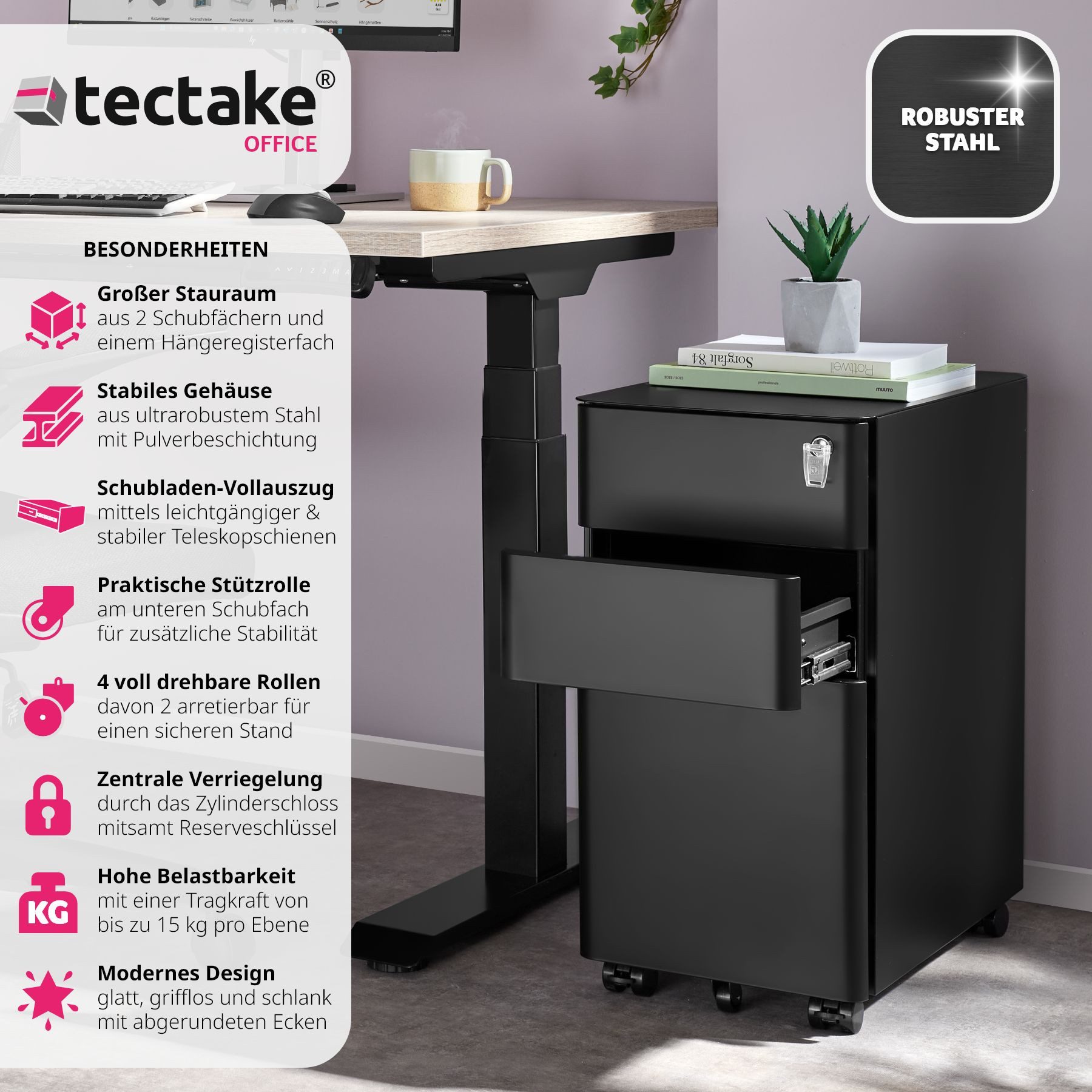 tectake Rollcontainer Aktenrollschrank, aus pulverbeschichtetem Stahl günstig online kaufen