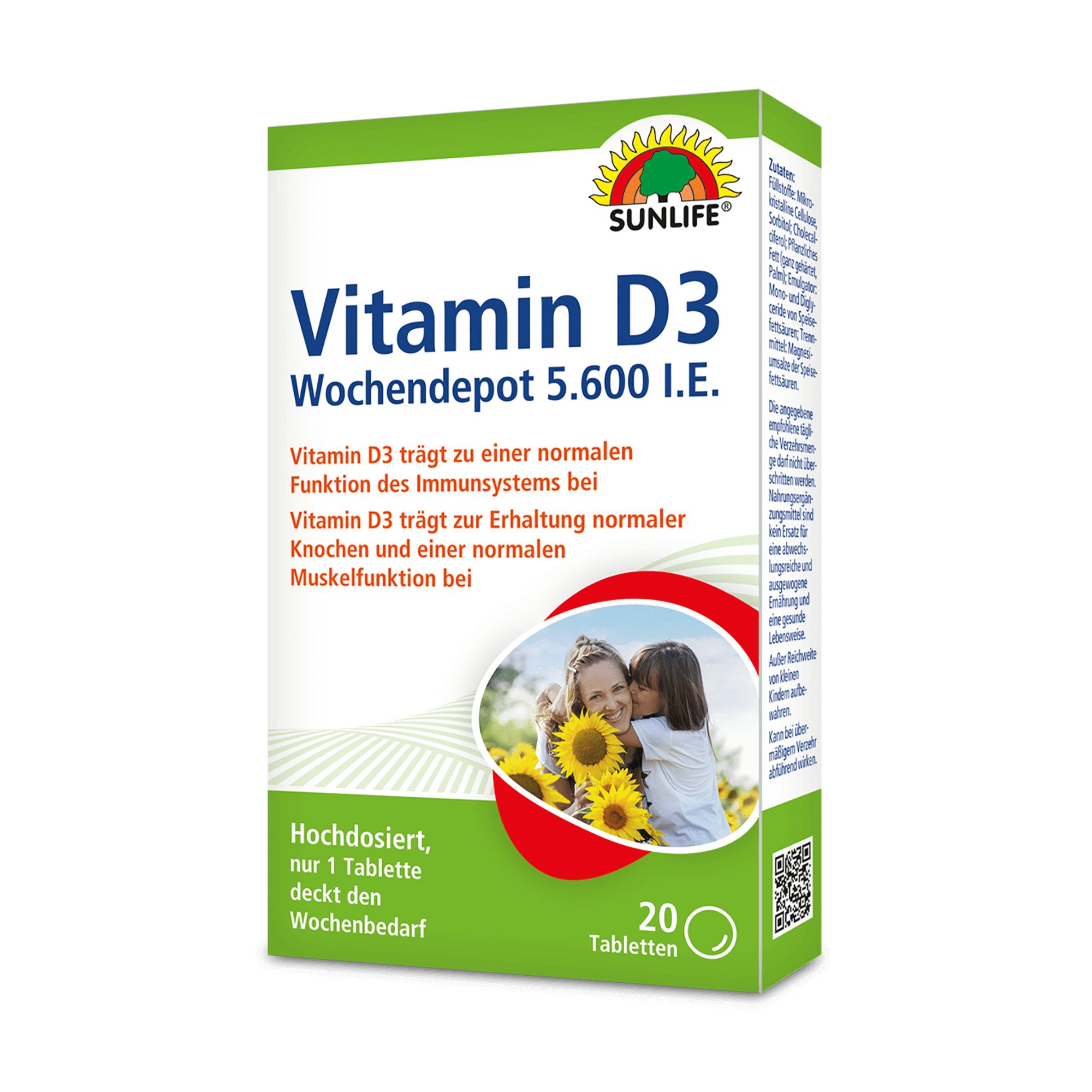 SUNLIFE® Vitamin D3 Wochendepot 20 Tabletten Knochen Langzeitwirkung 1 x wöchentlich eine Tablette mit ausreichend Flüssigkeit einnehmen