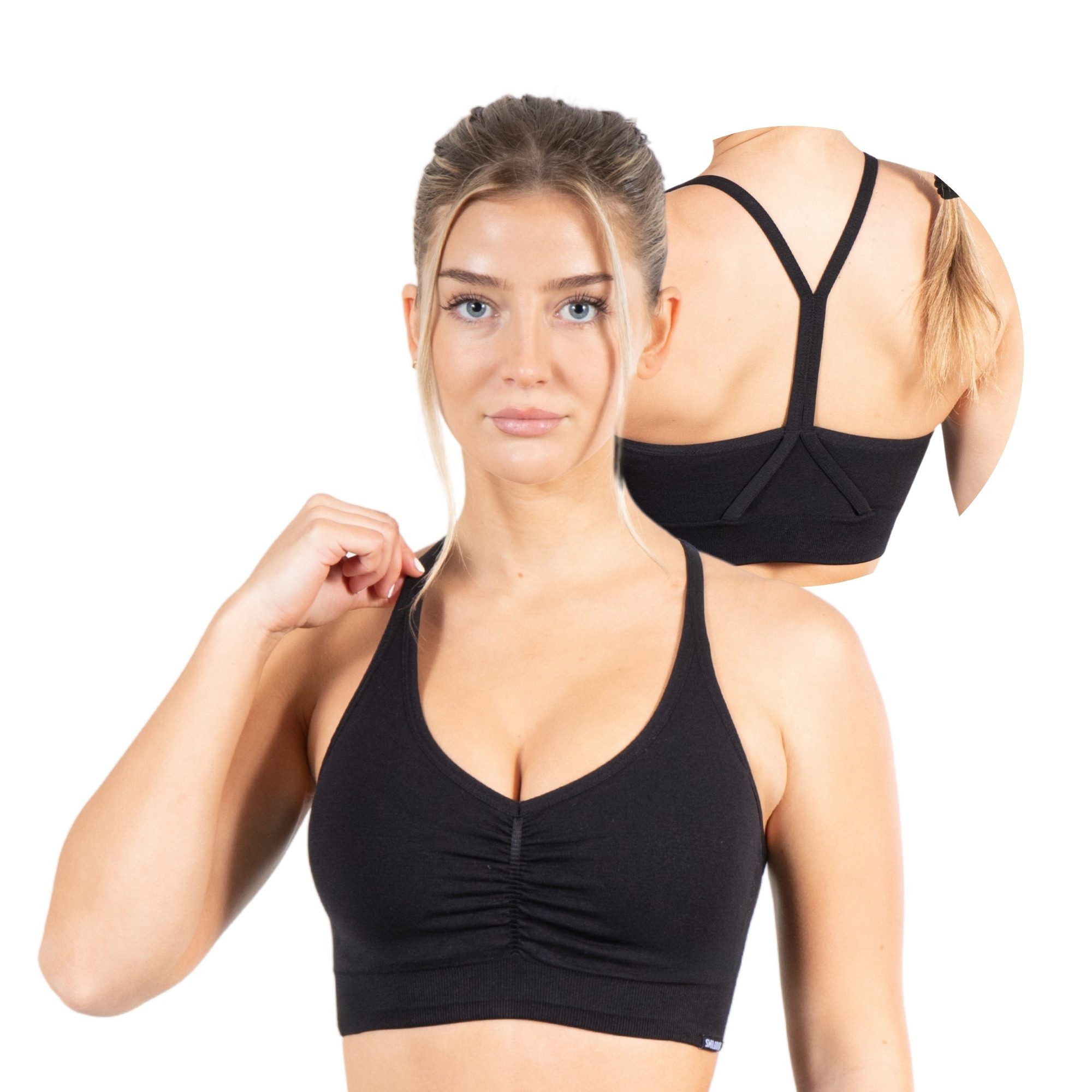 Smilodox Sport-BH Solid Scrunch, Ohne Bügel BH, Shaped Fit Yoga Bra, V-Ausschnitt Herausnehmbare Cups, Blickdichter Push Up BH, Verstellbare Träger