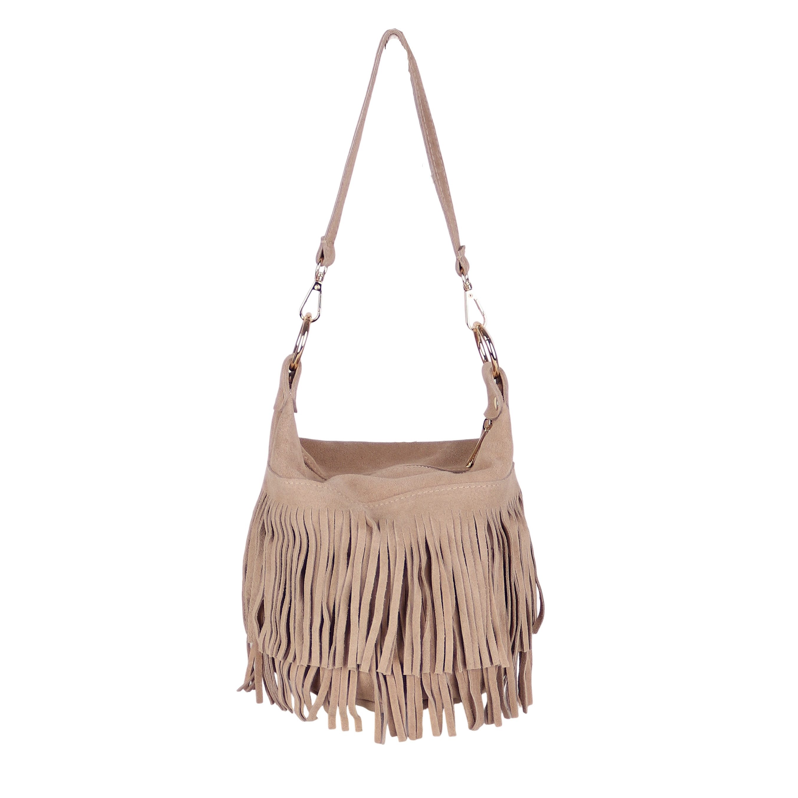 MIRROSI Umhängetasche Damen Tasche aus Echtleder Wildleder –mit Fransen ca.22x20x15 cm (Made in Itlay), Crossbody aus echtem Leder, mit 2 Riemen