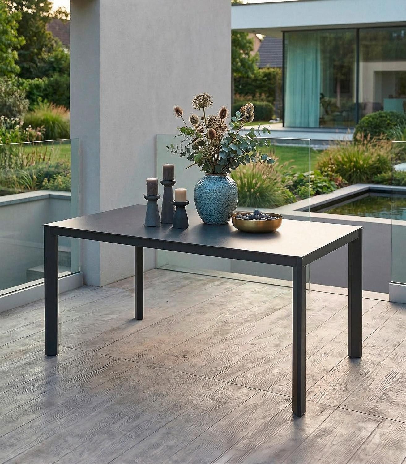 Outdoor Gartentisch LIVORNO, B 160 x T 90 cm, Anthrazit, Grau, Aluminium, Tischplatte aus 3D Sicherheitsglas