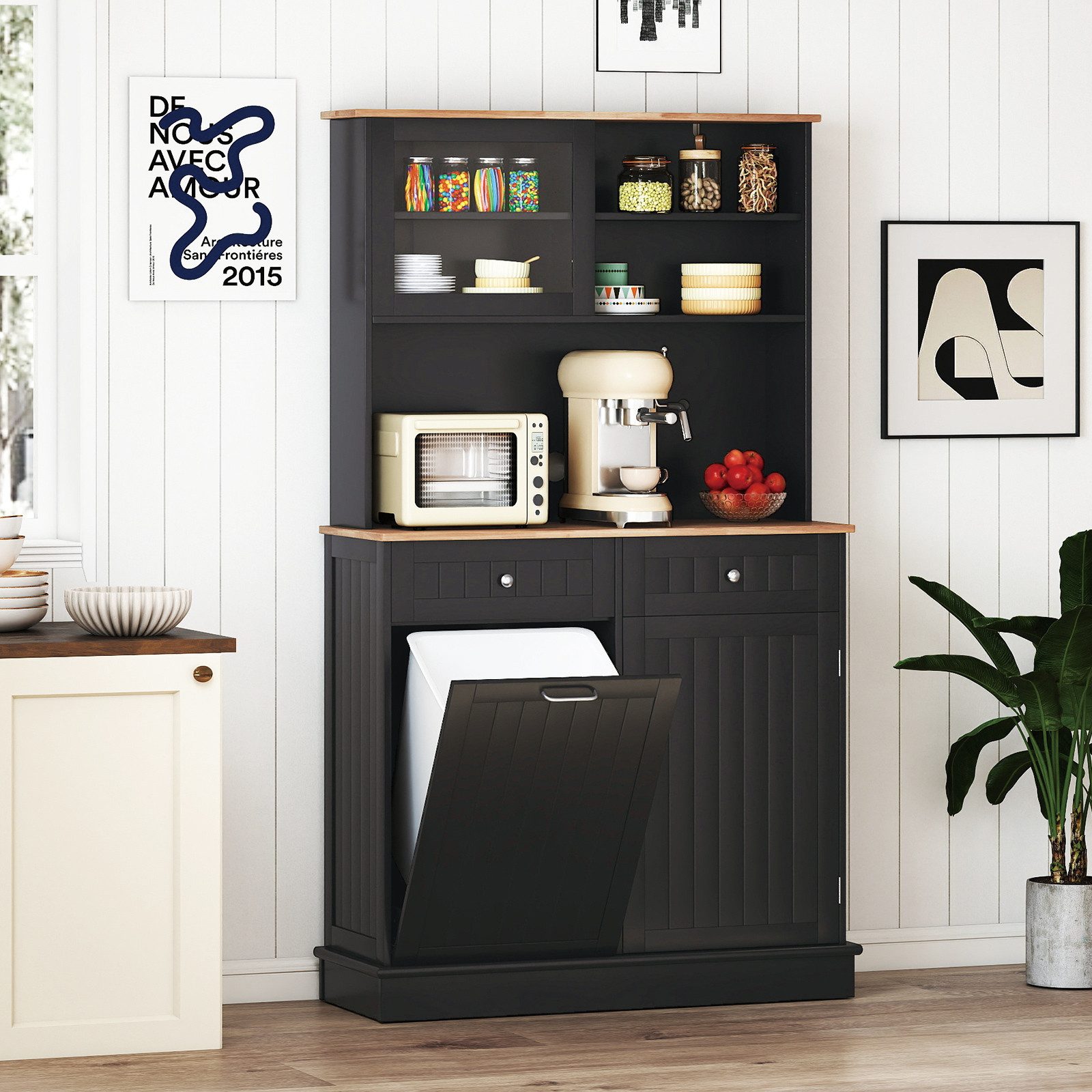 COSTWAY Küchenbuffet für 38L Mülleimer mit Arbeitsplatte, Hochschrank weiß