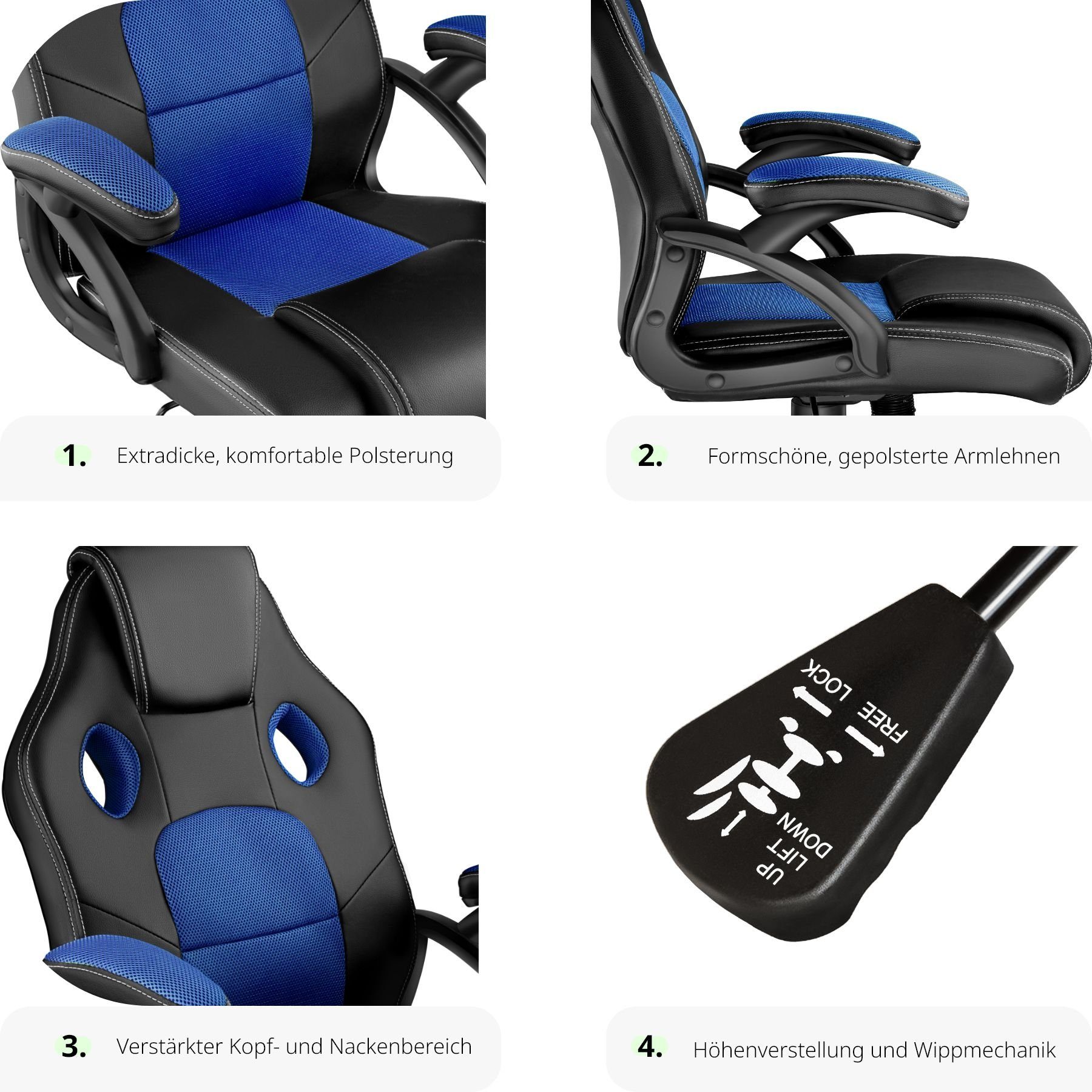 tectake Gaming-Stuhl Bürostuhl (Set, 1 St), Textileinlagen gegen Schwitzen