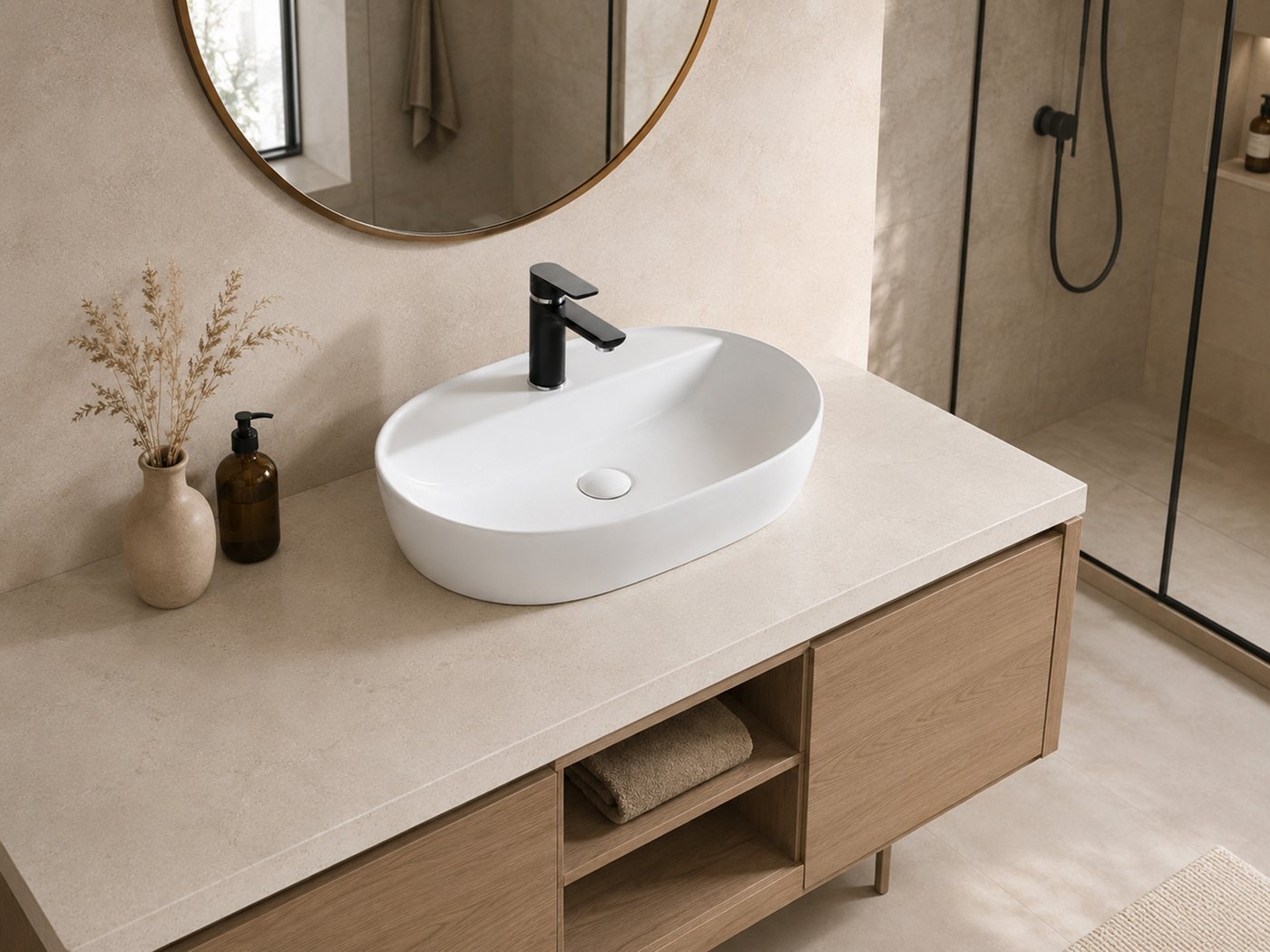 ART OF BAAN Waschbecken Aufsatzwaschbecken oval 61x40 cm – Keramik Waschbecken mit