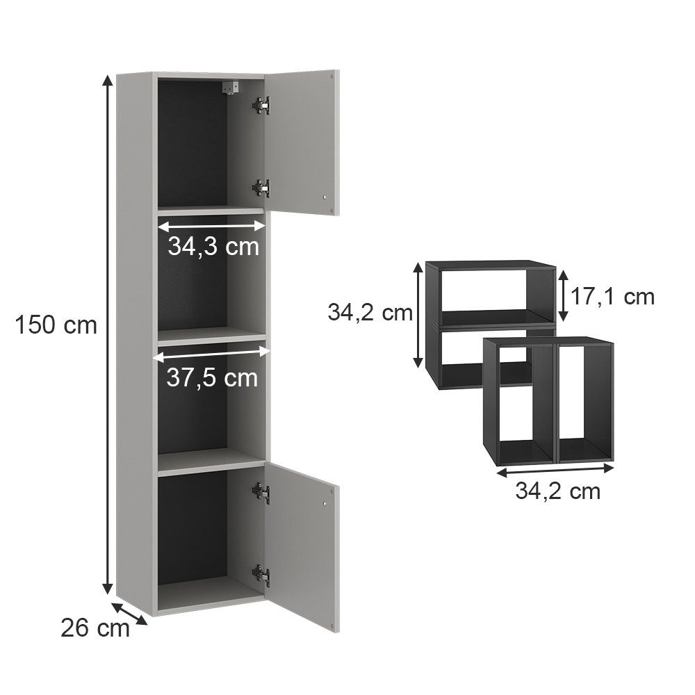 Vicco Hochschrank Gerta, Grau/Schwarz, 37.5 x 150 cm mit Tür und offenen Fächern (1-St)