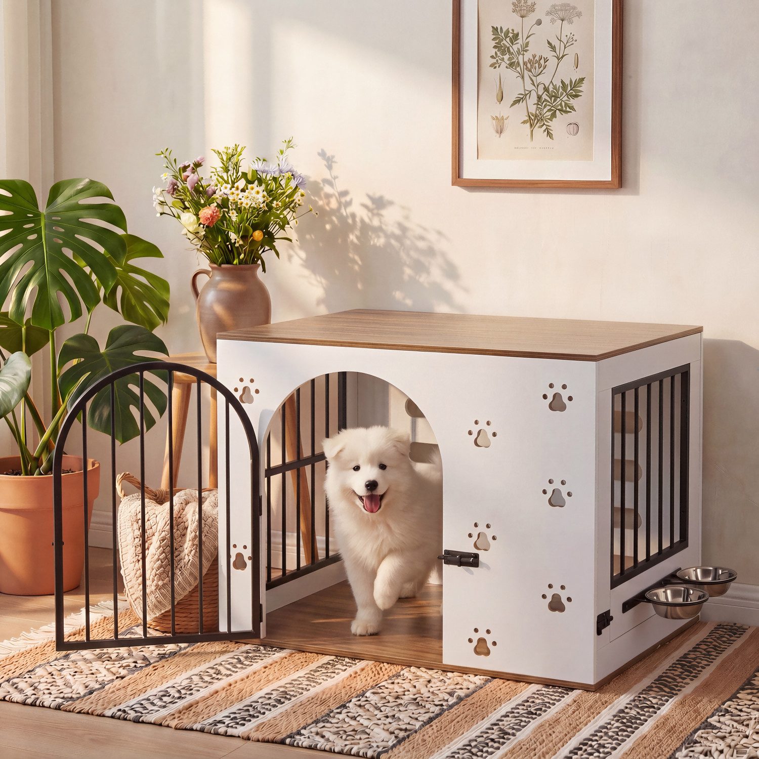 BlingBin Hundehütte Holz Möbel-Hundebox mit integrierter Futterstation & 2 Edelstahlnäpfen, eleganter Beistelltisch für Hunde im Wohnzimmer