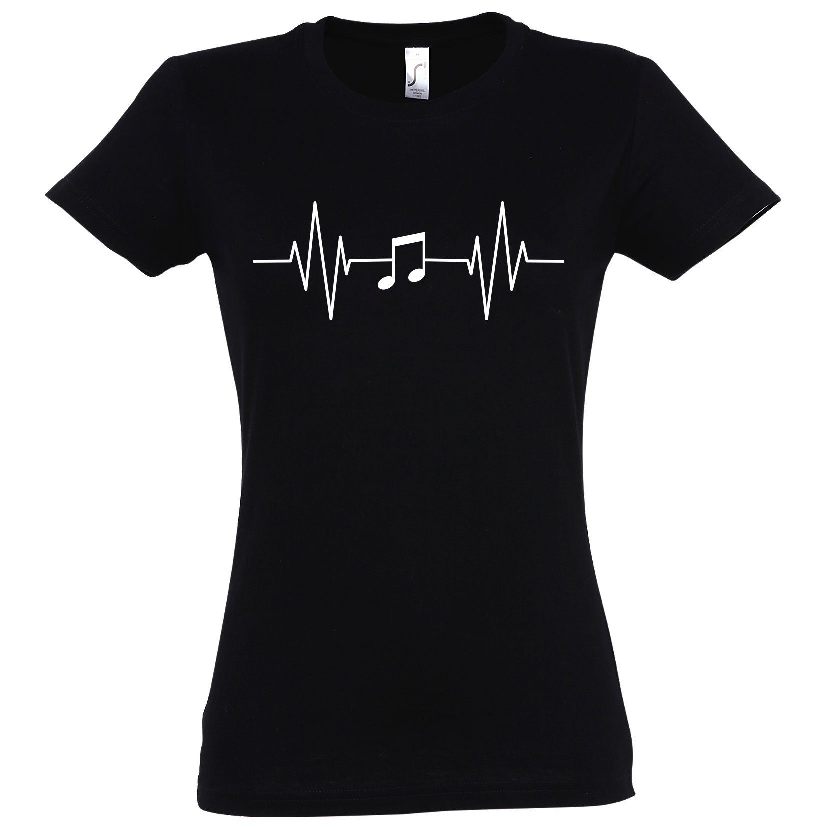 Youth Frontprint mit Music Musik Schwarz Heartbeat Damen Designz Note Shirt T-Shirt