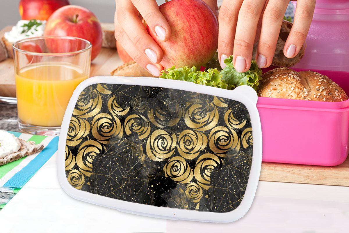 MuchoWow Lunchbox Marmor Gold Kunststoff Snackbox, Kunststoff, für Erwachsene, (2-tlg), - Kinder, Mädchen, rosa Muster, Brotbox - Rose Brotdose 