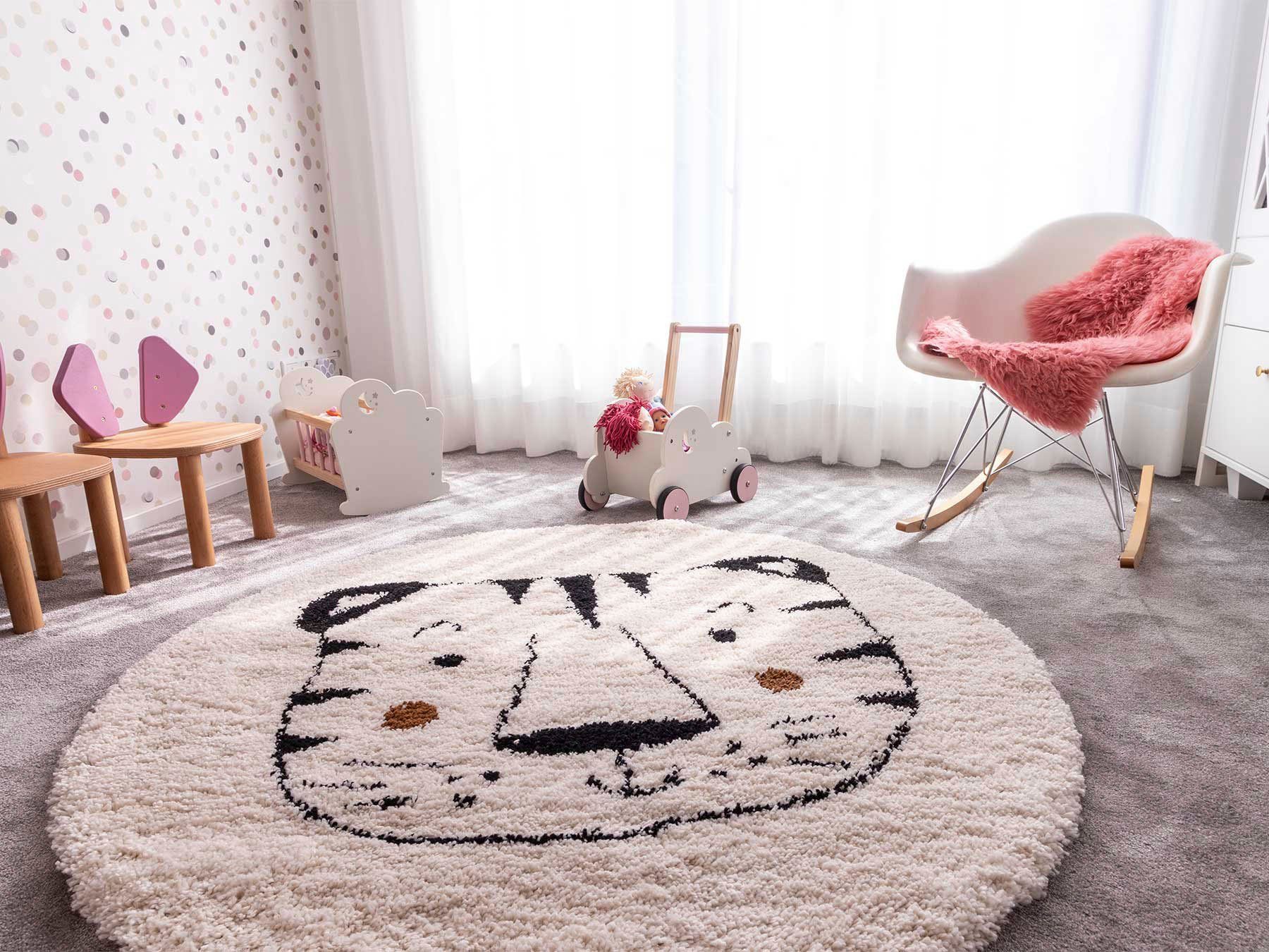Primaflor-Ideen in Textil Kinderteppich NOMAD - Whiter Tiger, rund, Höhe: 35 mm, Hochflor, Motiv Tiger, weich & kuschelig, Kinderzimmer