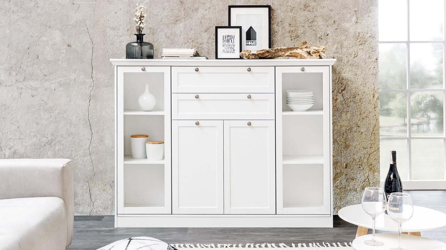 Finori Highboard Highboard Landwood in weiß mit 4 Türen Landhausstil 160 cm