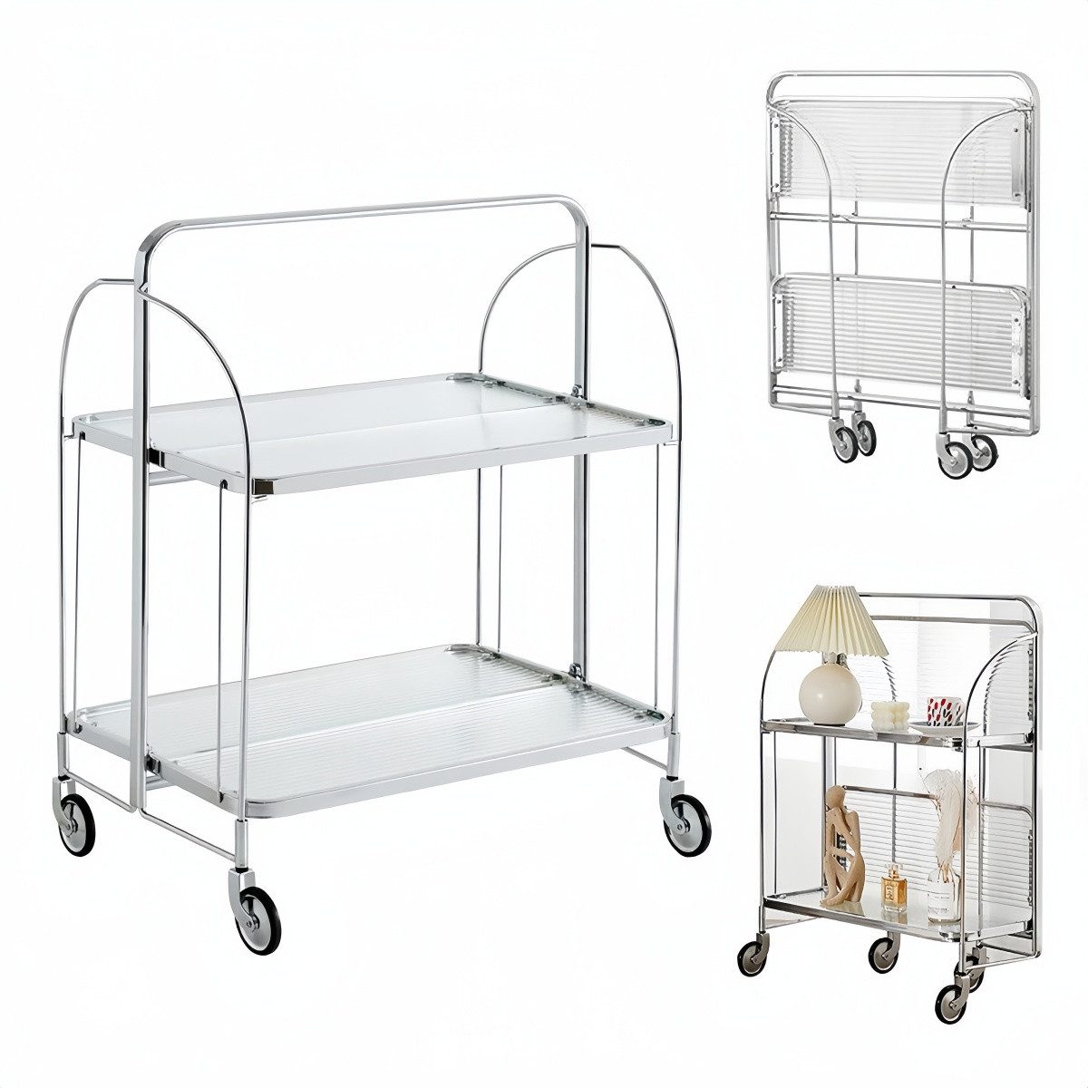 PFCTART Боковая тележка Mobile Storage Folding Trolley, Servierwagen, zusammenklappbar, Dinett Ablagekorb 2 Tier Clear gehärtetes Glas with Wheels