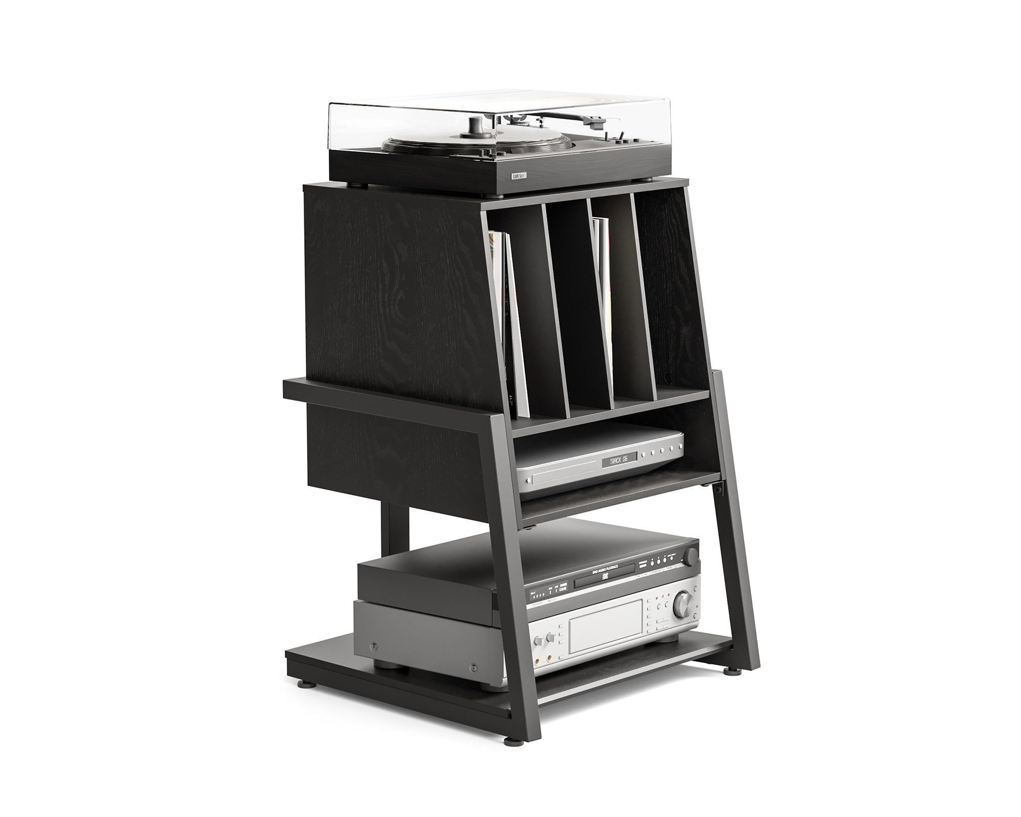FITUEYES TV-Regal HIFI Rack mit 5 Fächern, 78 cm hoch, Stauraum für 120 Schallplatten, rutschfeste Füße, für Rollen nachrüstbar