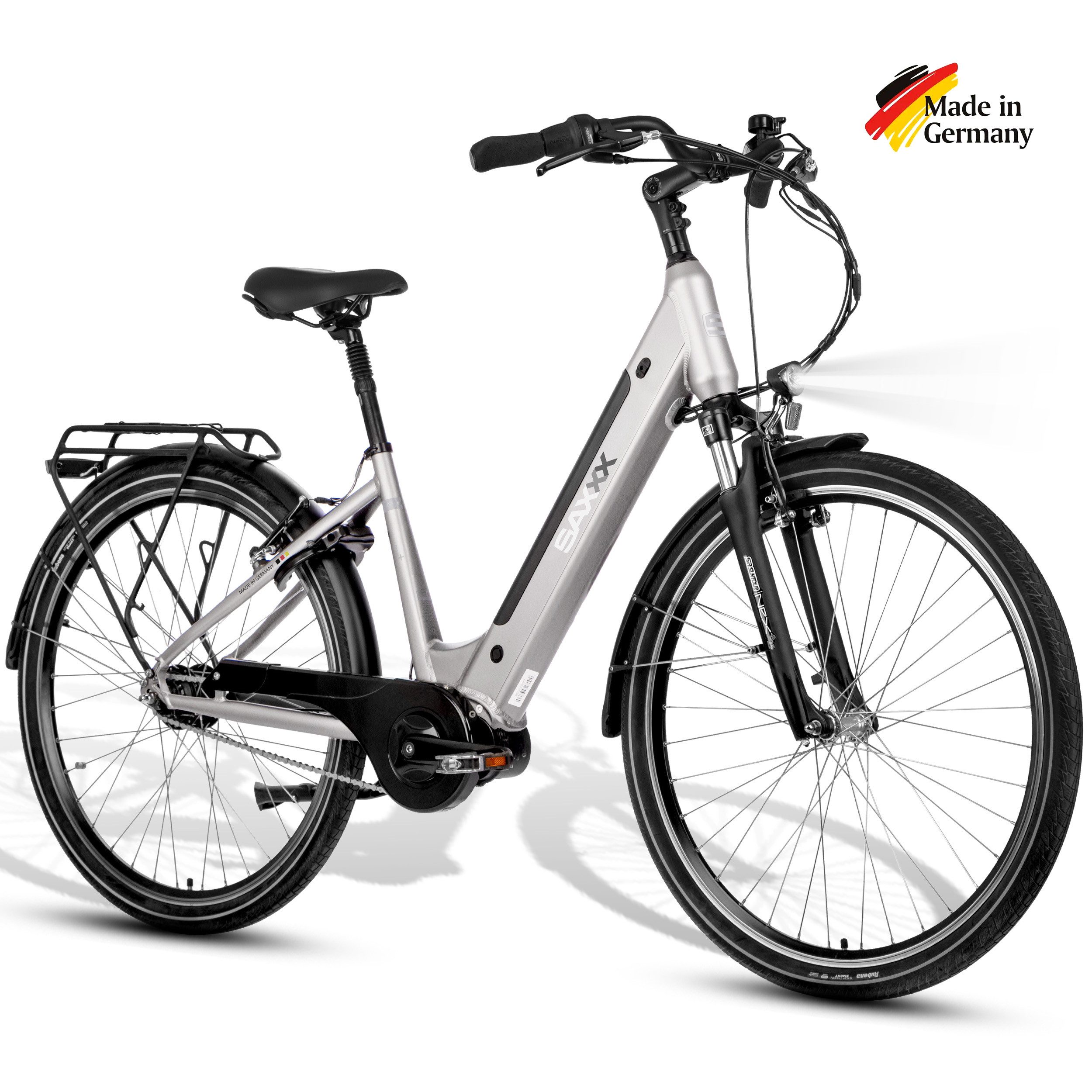 SAXXX E-Bike Cityrad 28x2 Zoll, 70 Nm Mittelmotor, 60-100km, V-Bremse, für Damen und Herren, 7 Gang Shimano Nexus Schaltwerk, Nabenschaltung, Mittelmotor, 418 Wh, (abnehmbarer Akuu, mit Gepäckträger, Tiefeinsteiger-Rahmen), 5 Stufen, Gefederte Sattelstütze, 130 kg Traglast, Pedelec, E-Citybike