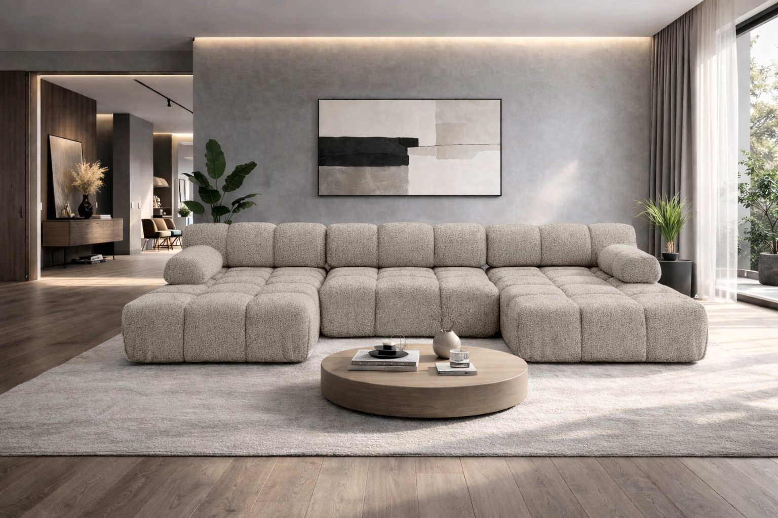 Kaiser Möbel Ecksofa U-Form modern für Wohnzimmer, Stoff Abriamo,SELIA, Ecksofa, U-Form,modulares System,Bouclé-Stoff