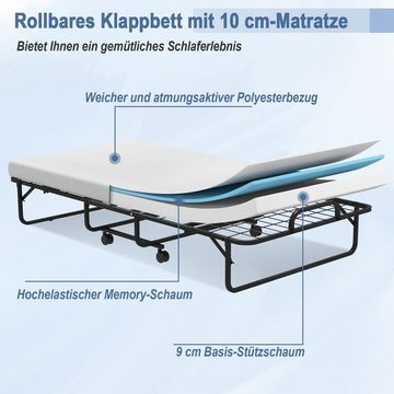 COSTWAY Gästebett klappbar, 191 x 96cm, Schaumstoffmatratze, Rollen, 180kg